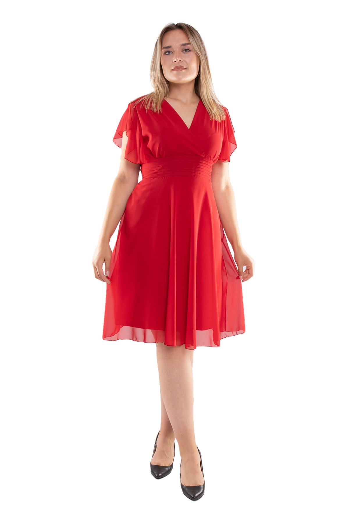 6065.5 Tam Seri Kruvaze Yaka Kısa Şifon Elbise