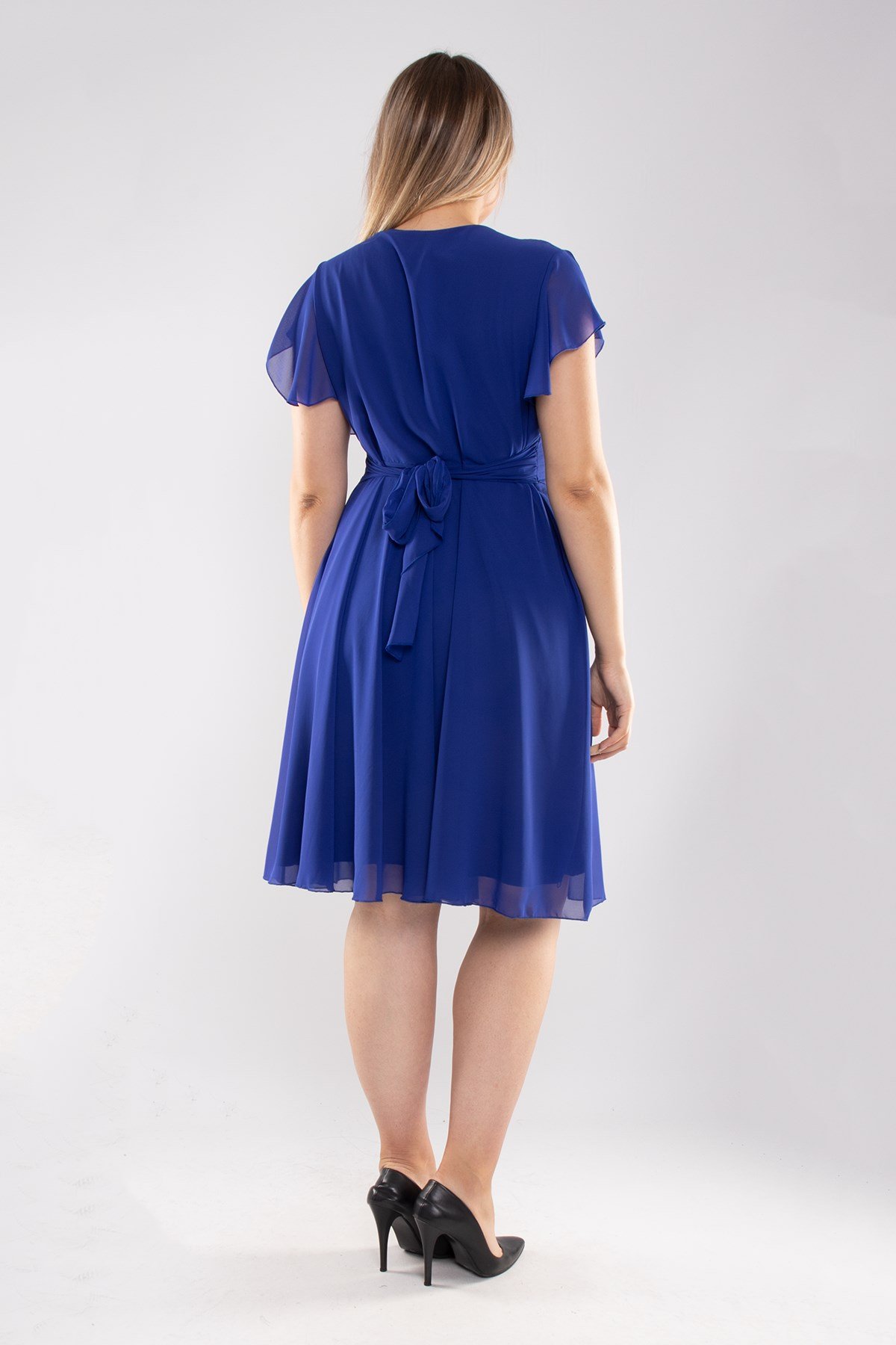 6065.5 Tam Seri Kruvaze Yaka Kısa Şifon Elbise