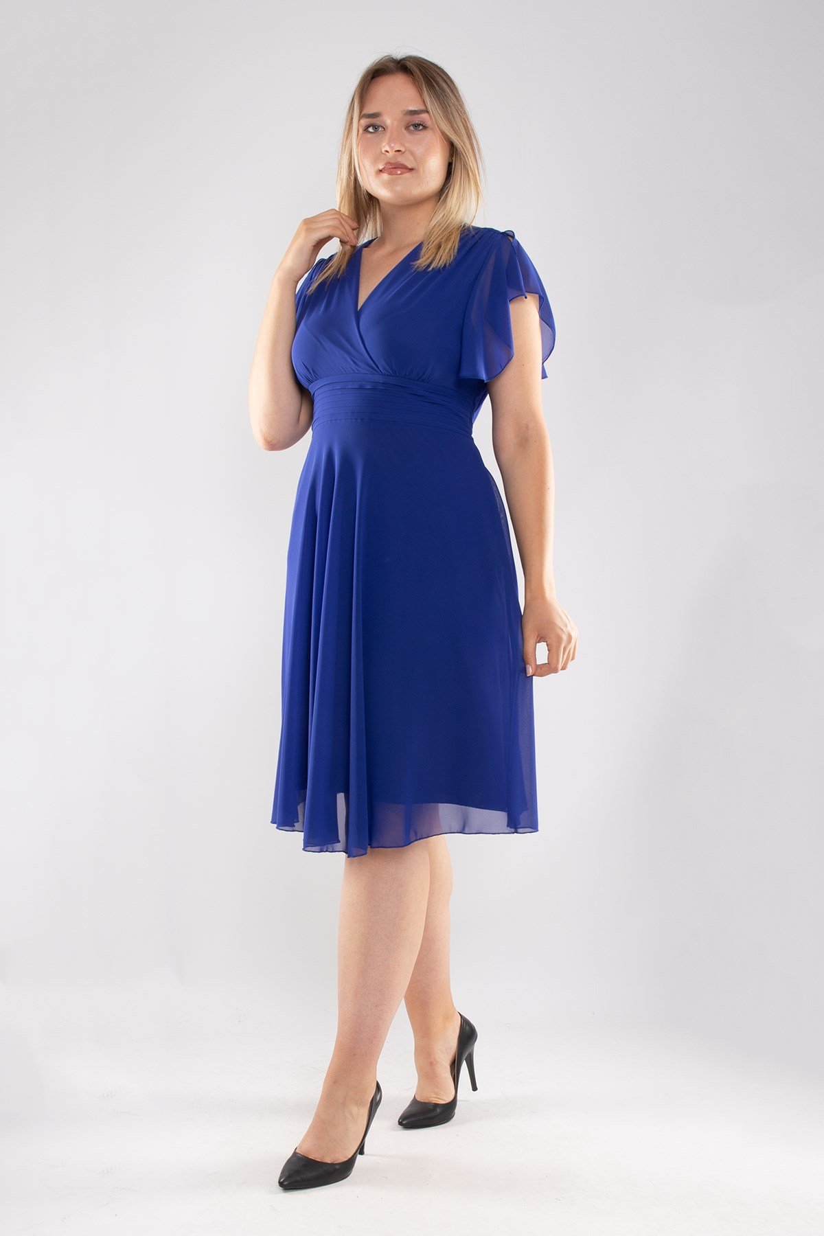 6065.5 Tam Seri Kruvaze Yaka Kısa Şifon Elbise