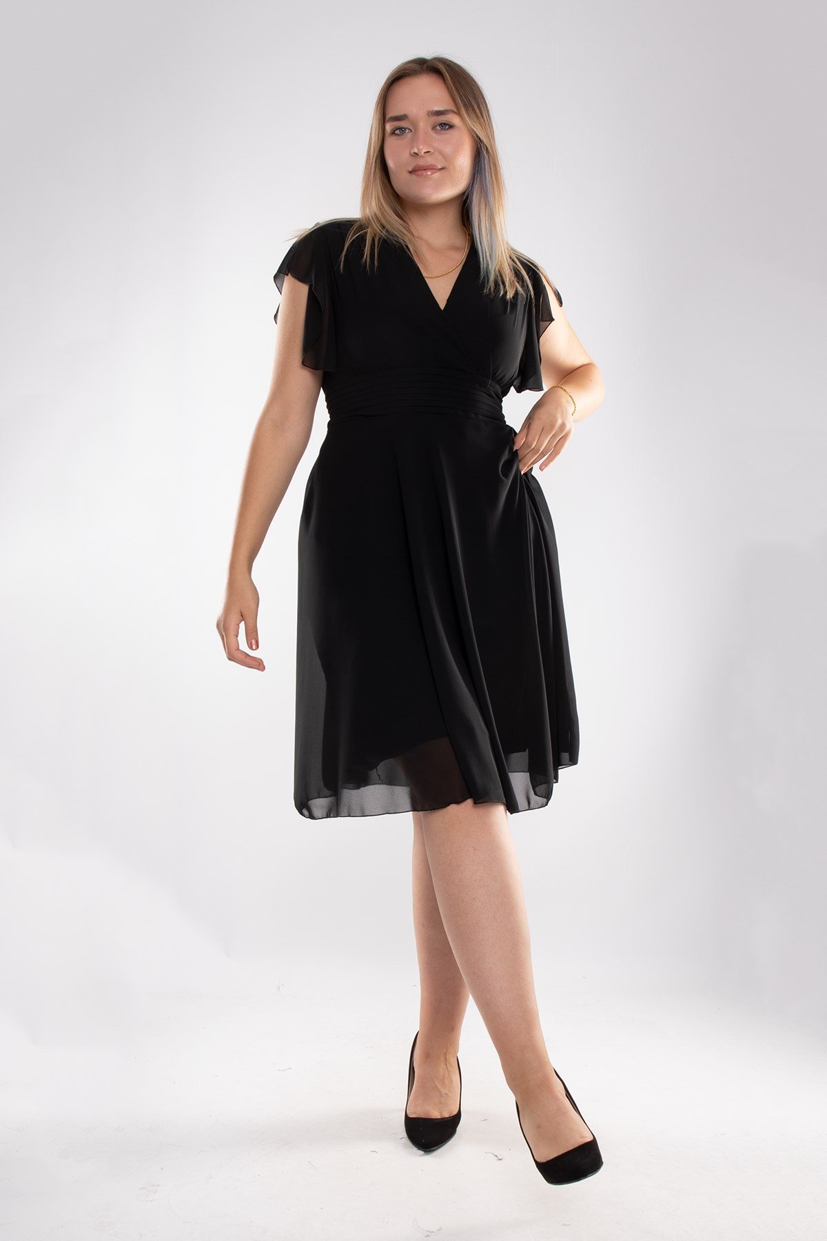 6065.5 Tam Seri Kruvaze Yaka Kısa Şifon Elbise