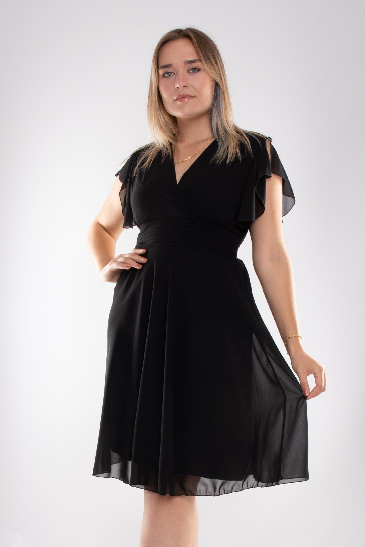 6065.5 Tam Seri Kruvaze Yaka Kısa Şifon Elbise