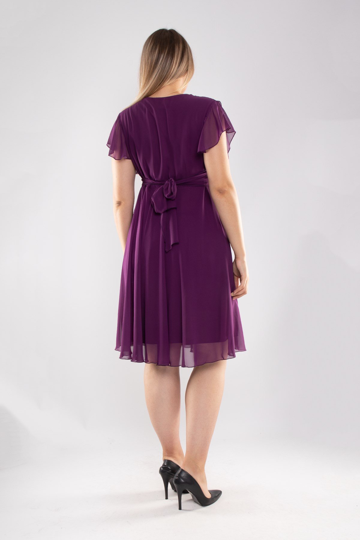 6065.5 Tam Seri Kruvaze Yaka Kısa Şifon Elbise