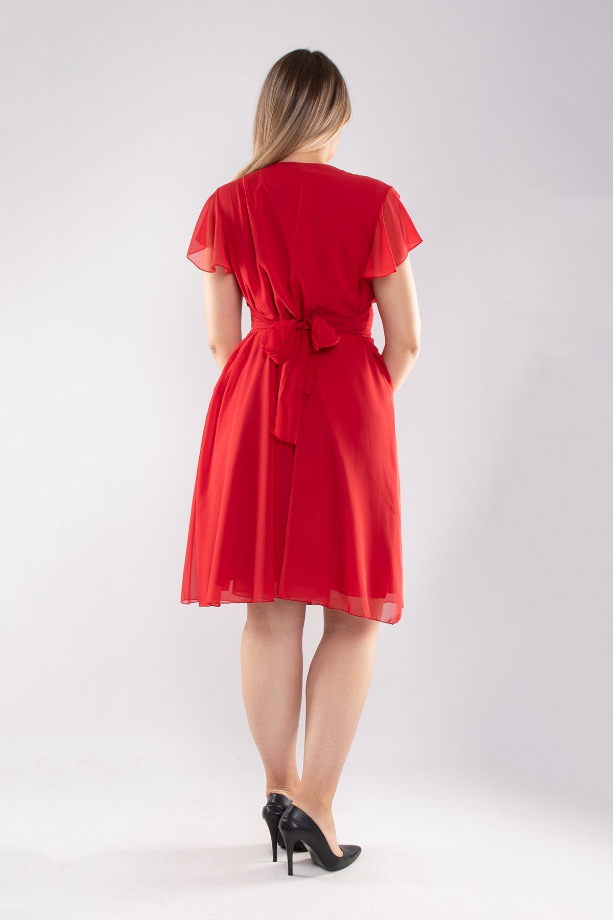 6065.5 Tam Seri Kruvaze Yaka Kısa Şifon Elbise