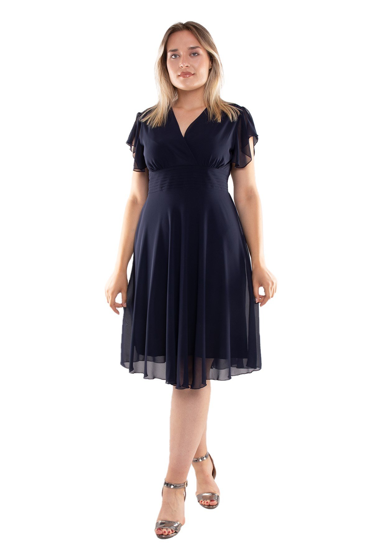 6065.5 Tam Seri Kruvaze Yaka Kısa Şifon Elbise