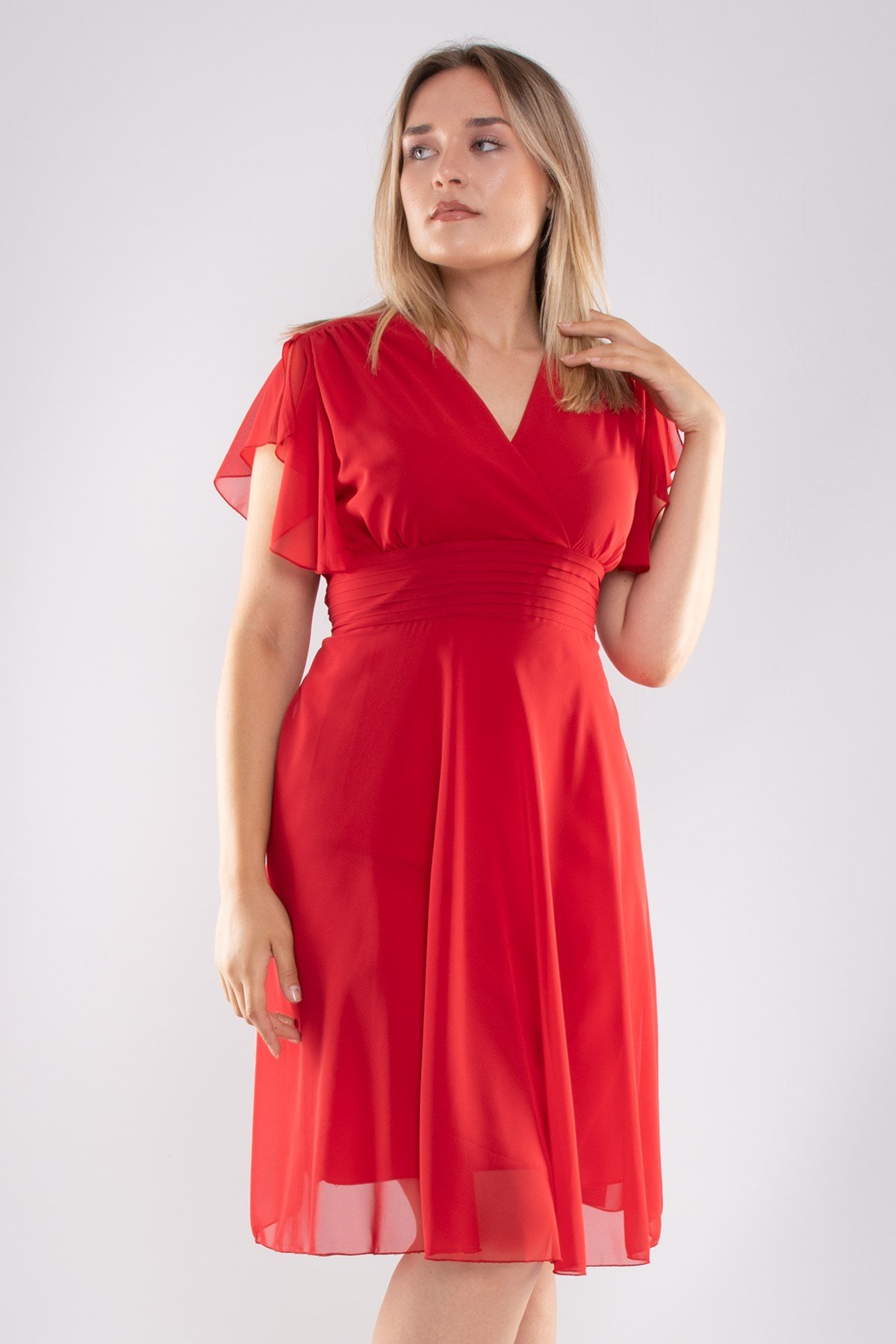 6065.5 Tam Seri Kruvaze Yaka Kısa Şifon Elbise