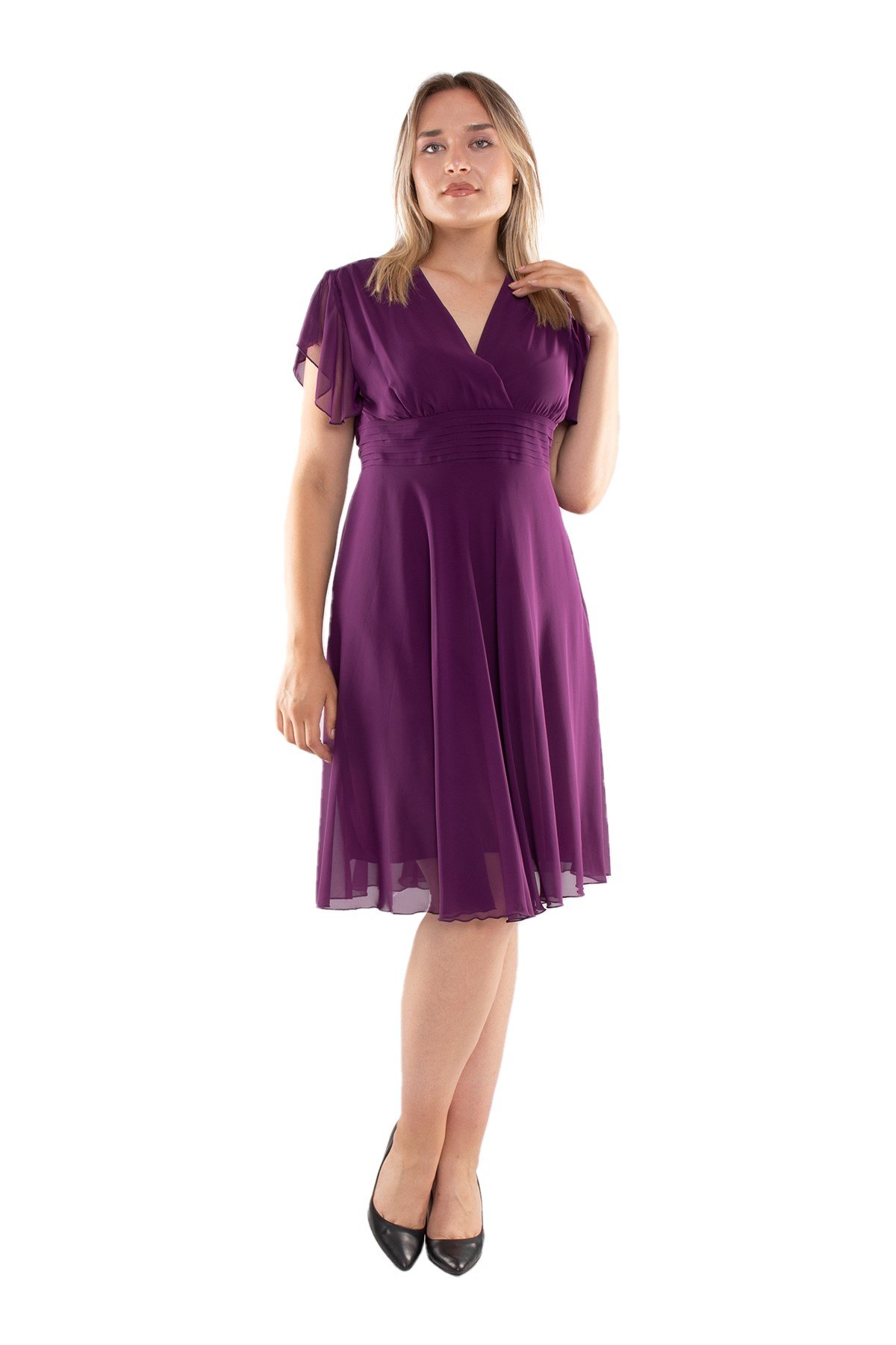 6065.5 Tam Seri Kruvaze Yaka Kısa Şifon Elbise