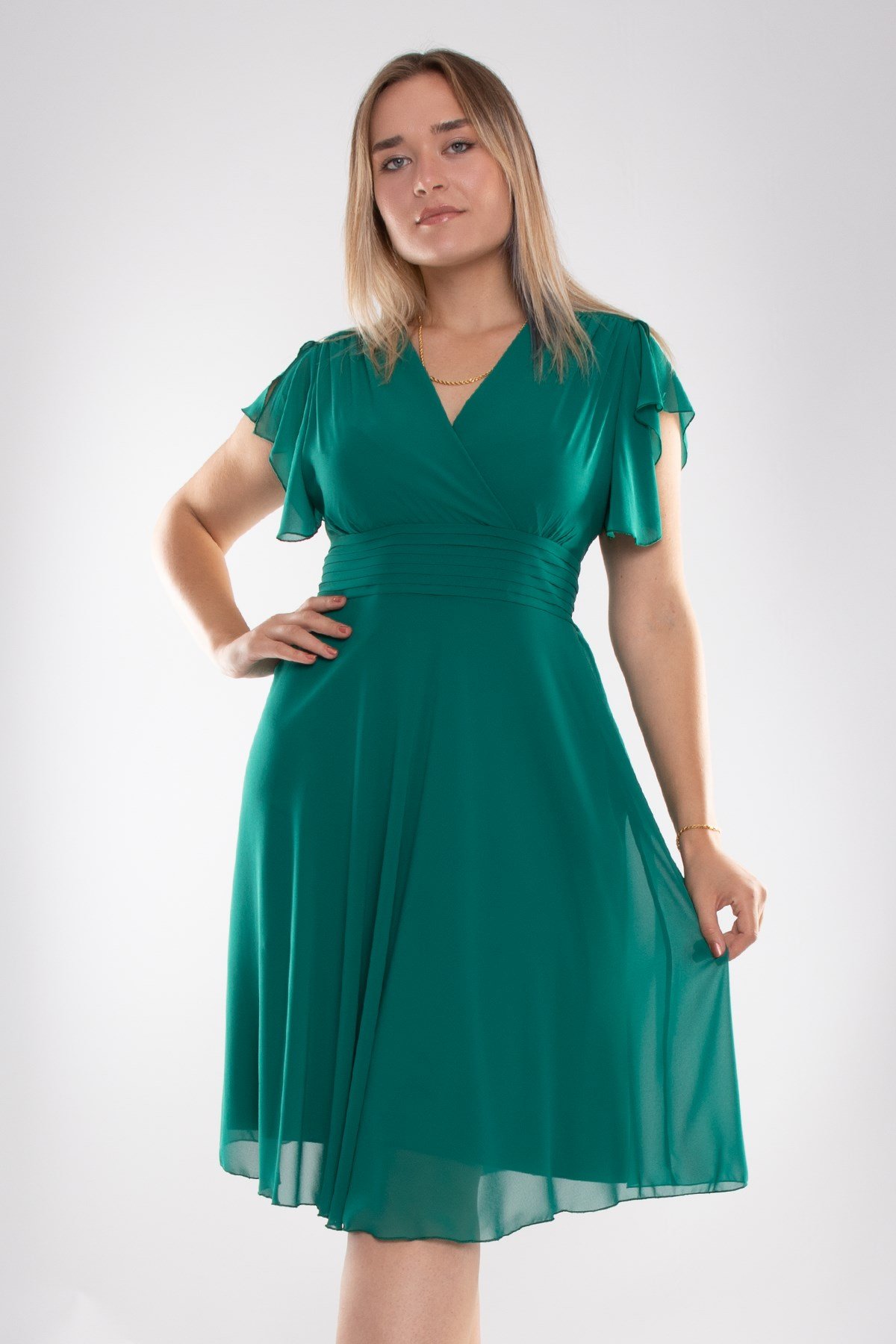 6065.5 Tam Seri Kruvaze Yaka Kısa Şifon Elbise