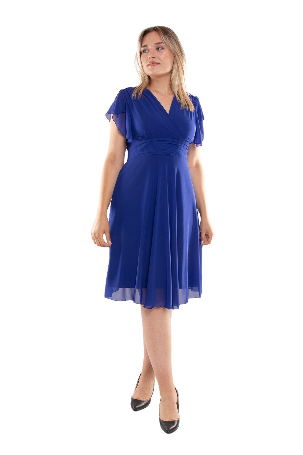 6065.5 Tam Seri Kruvaze Yaka Kısa Şifon Elbise