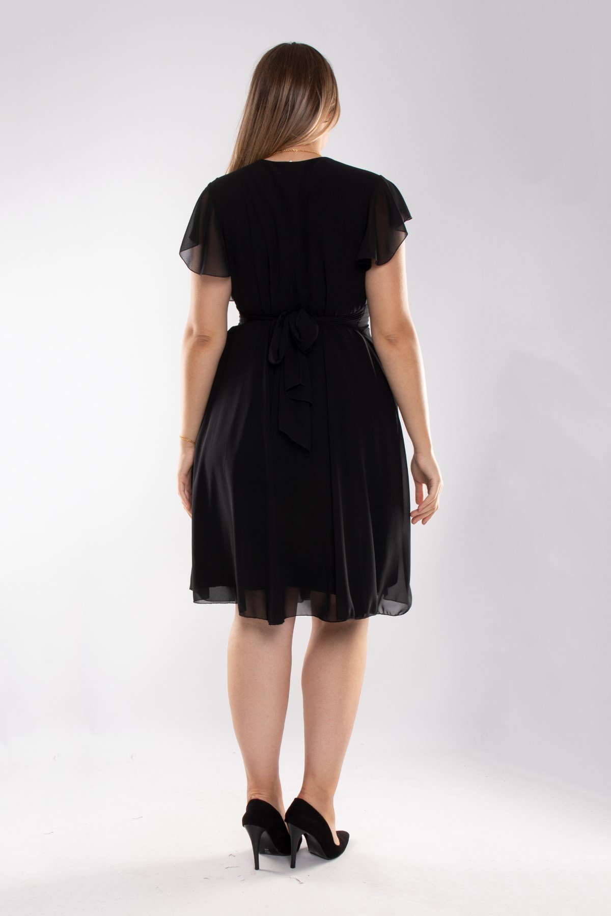 6065.5 Tam Seri Kruvaze Yaka Kısa Şifon Elbise