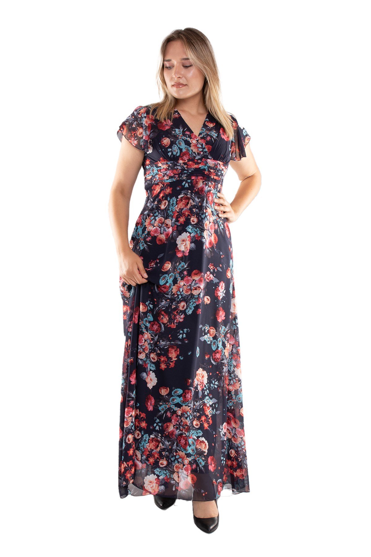 6076.1 Tam Seri Kruvaze Yaka Çiçek Desen Uzun Şifon Elbise