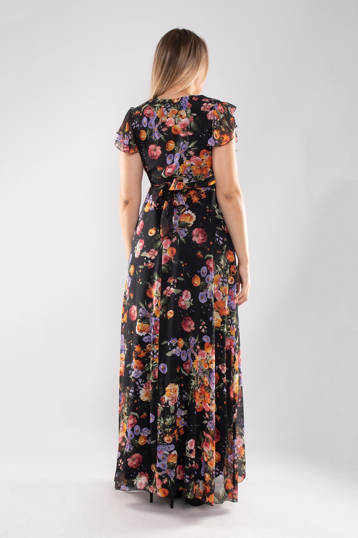 6076.1 Tam Seri Kruvaze Yaka Çiçek Desen Uzun Şifon Elbise