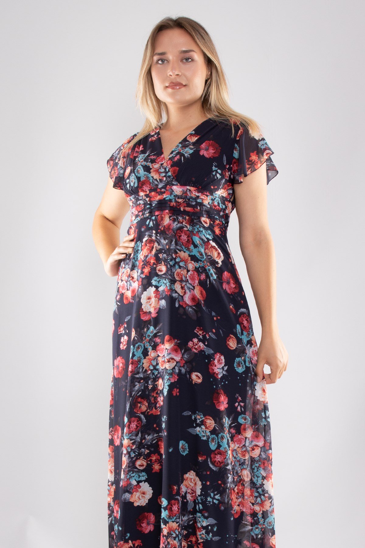 6076.1 Tam Seri Kruvaze Yaka Çiçek Desen Uzun Şifon Elbise