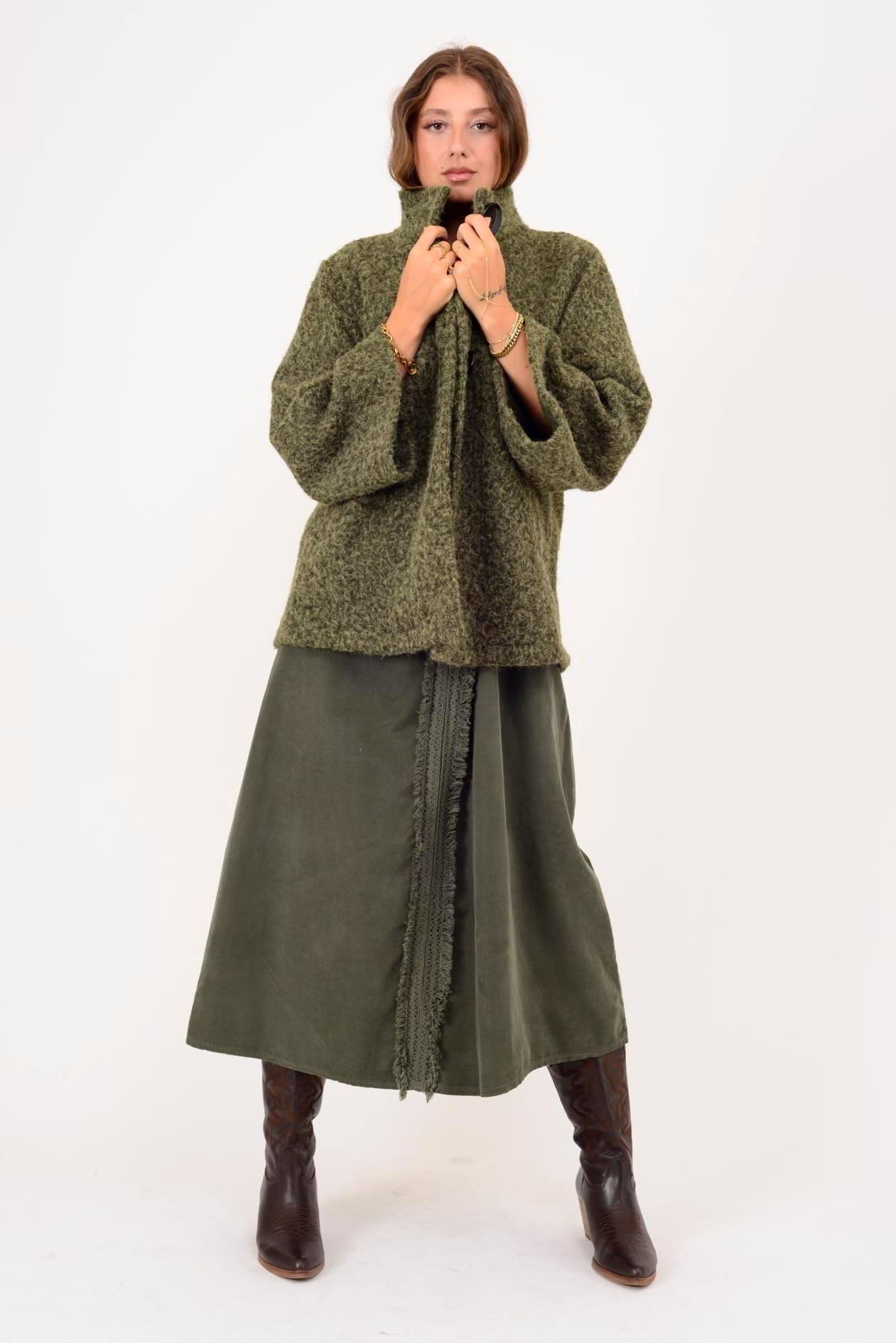 60940 Asimetrik Düğmeli Keçe Kaban