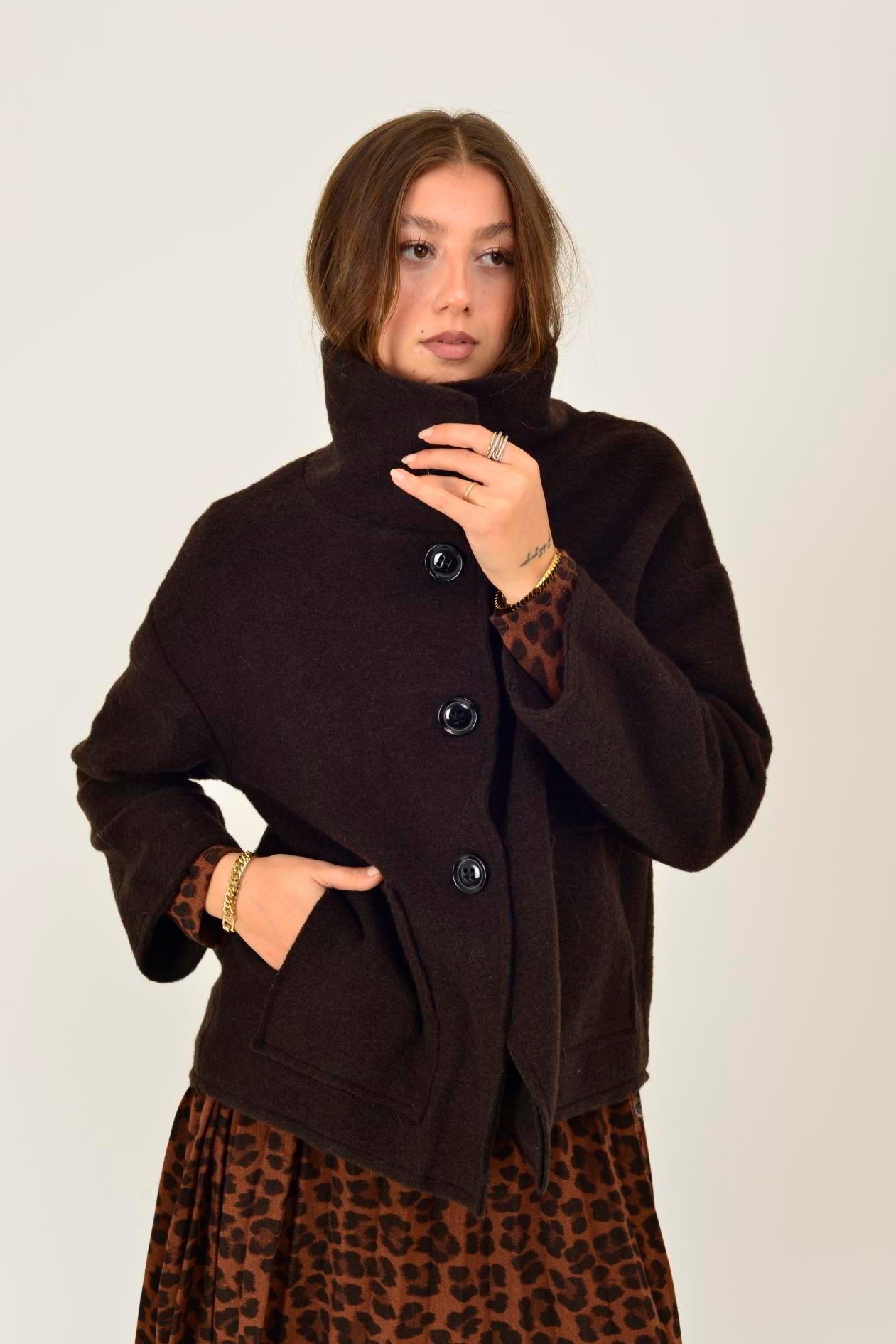 60940 Asimetrik Düğmeli Keçe Kaban