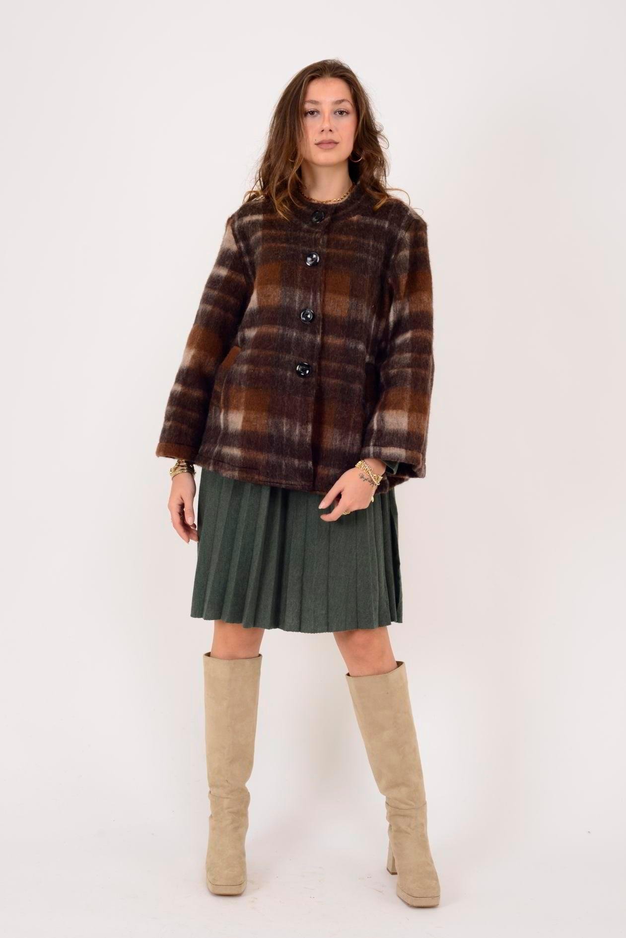 60940 Oduncu Desen Asimetrik Düğmeli Keçe Kaban