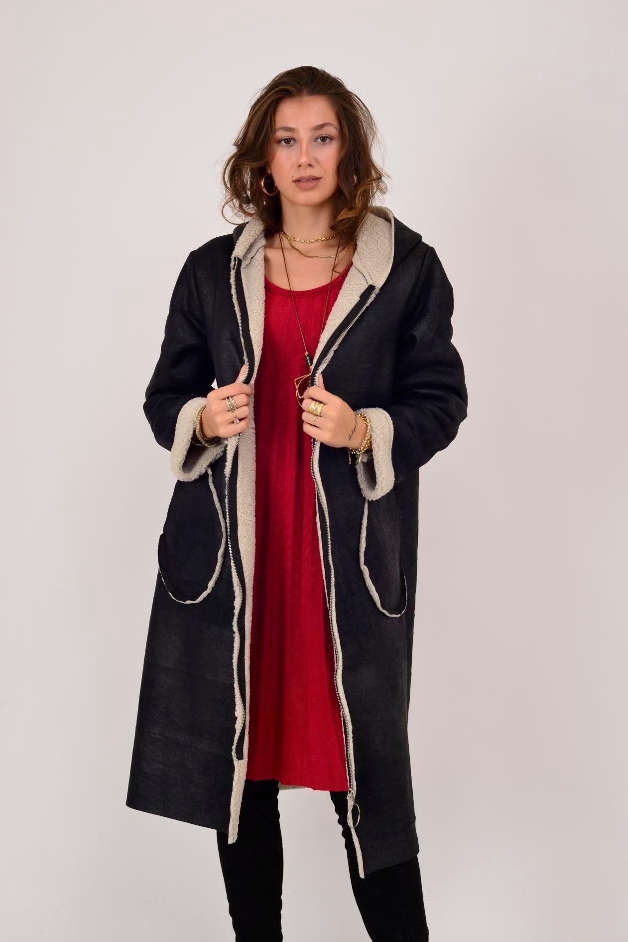 60949 Kürklü Fermuarlı Nubuk Kapüşonlu Kaban