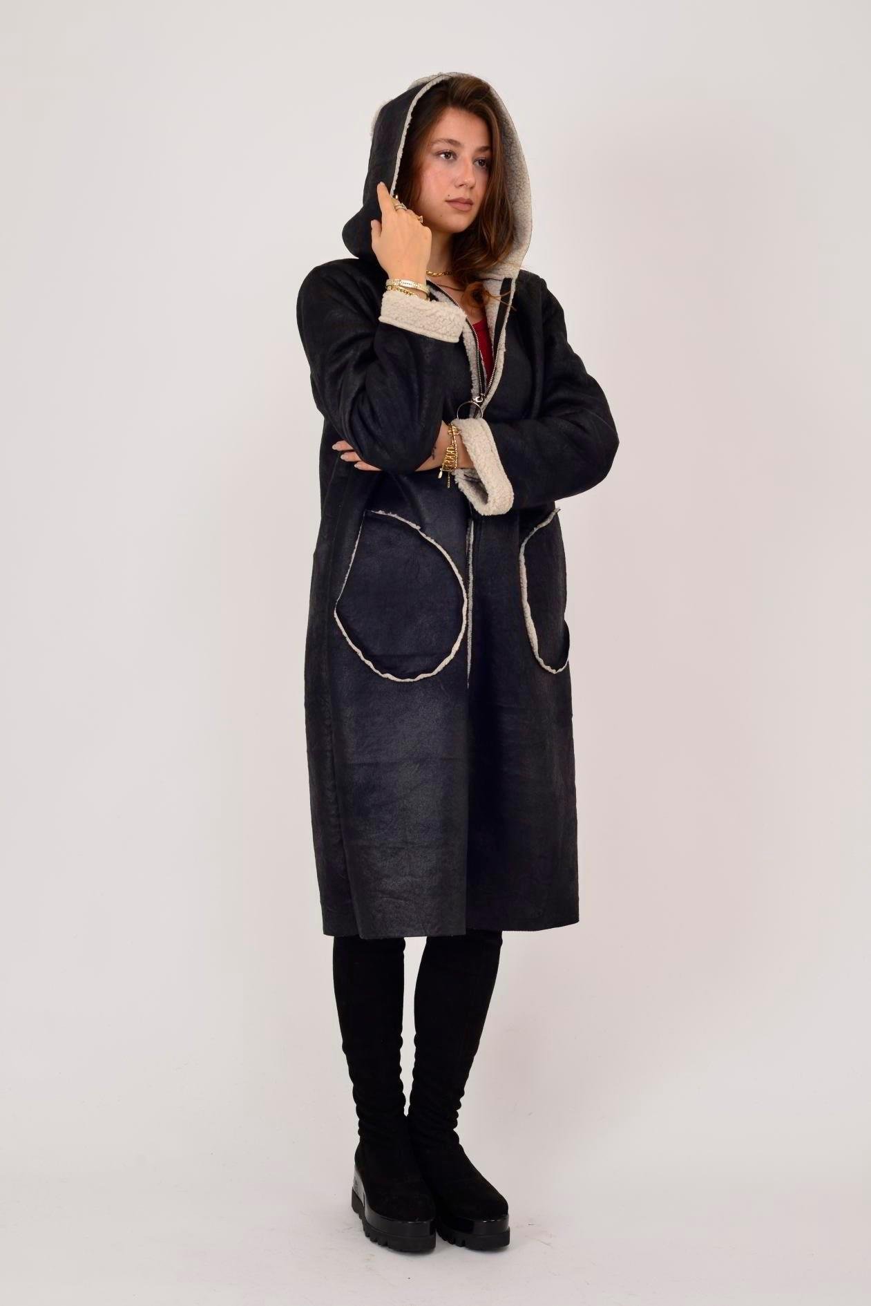 60949 Kürklü Fermuarlı Nubuk Kapüşonlu Kaban