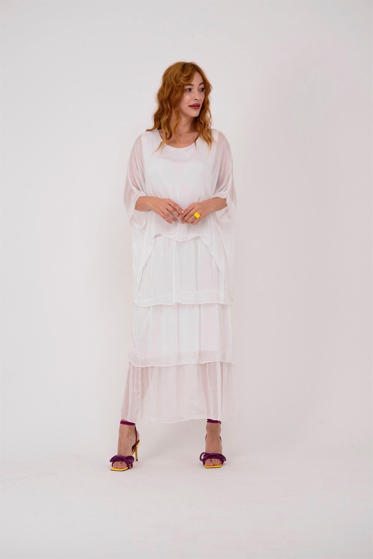 6105 Bluz Detay Kat Kat Uzun İpek Elbise