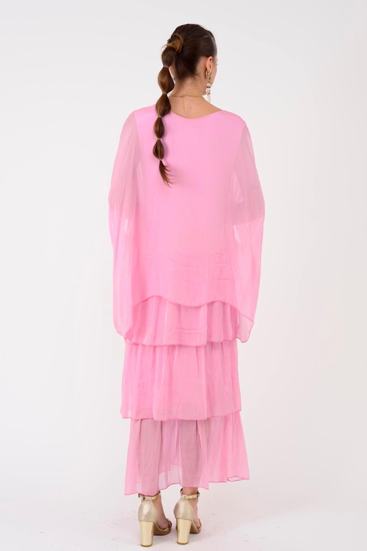 6105 Bluz Detay Kat Kat Uzun İpek Elbise