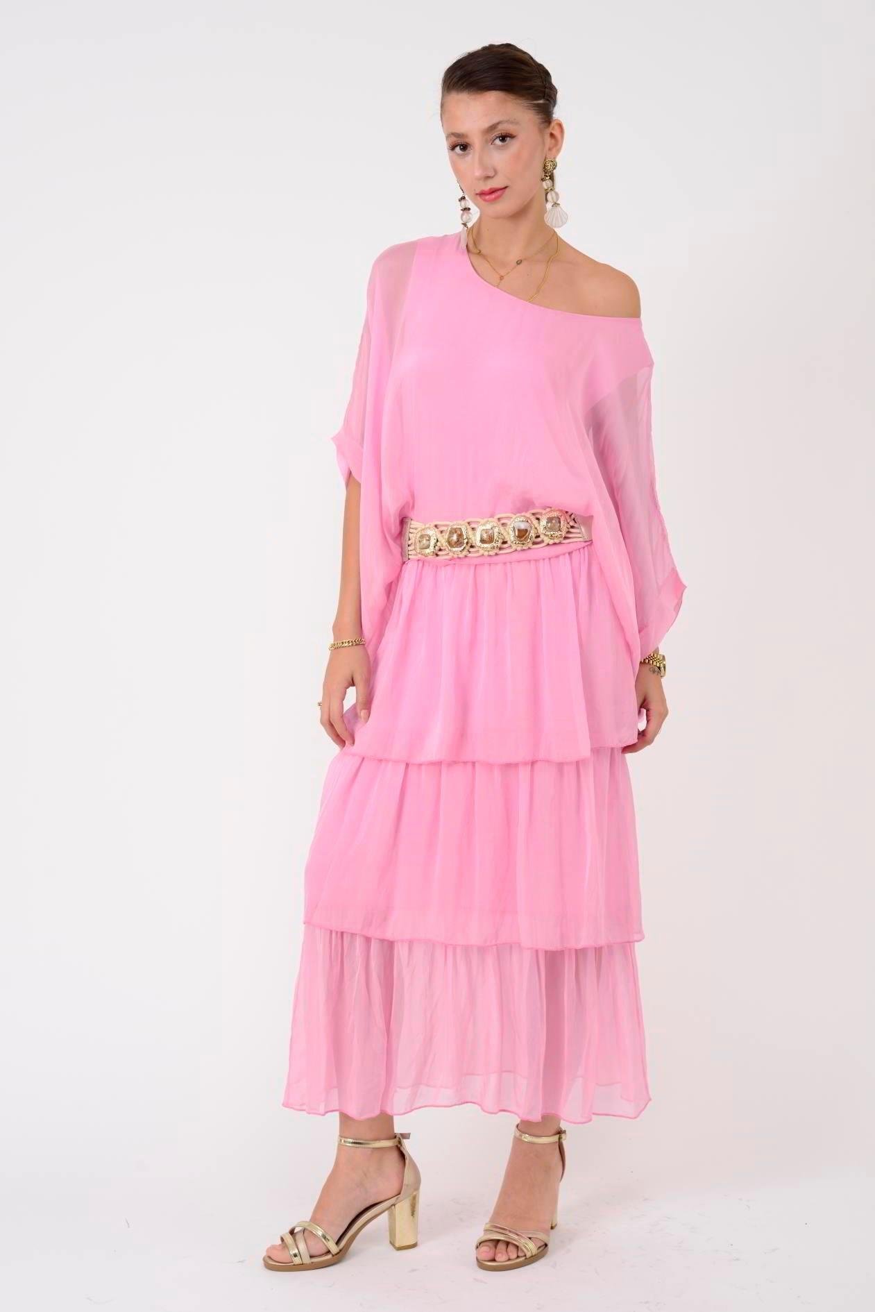 6105 Bluz Detay Kat Kat Uzun İpek Elbise