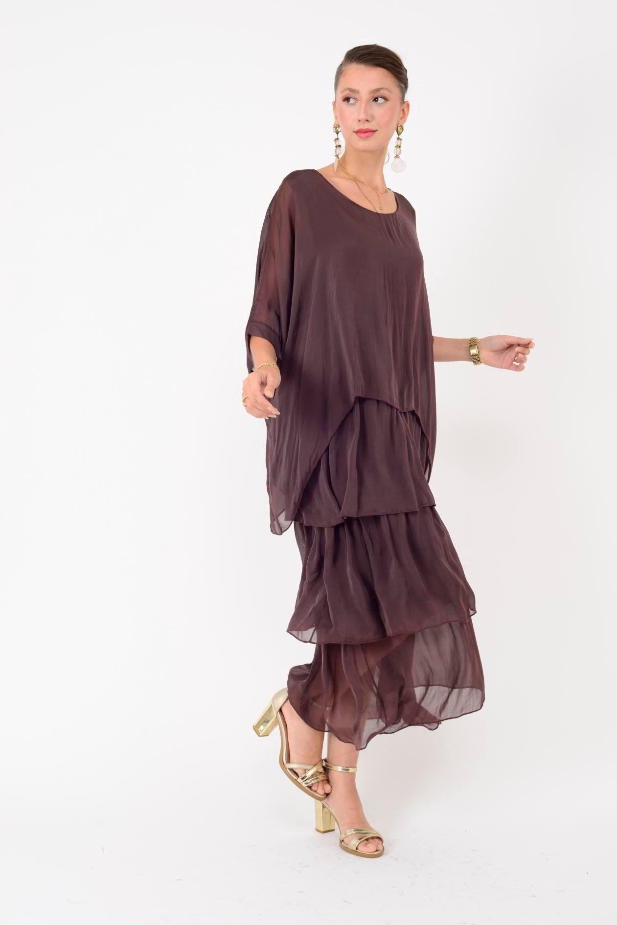 6105 Bluz Detay Kat Kat Uzun İpek Elbise