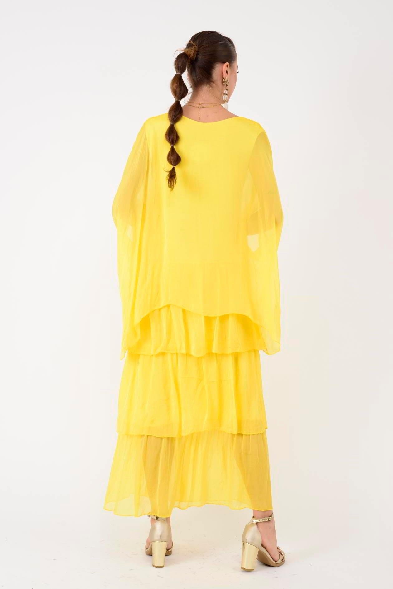 6105 Bluz Detay Kat Kat Uzun İpek Elbise