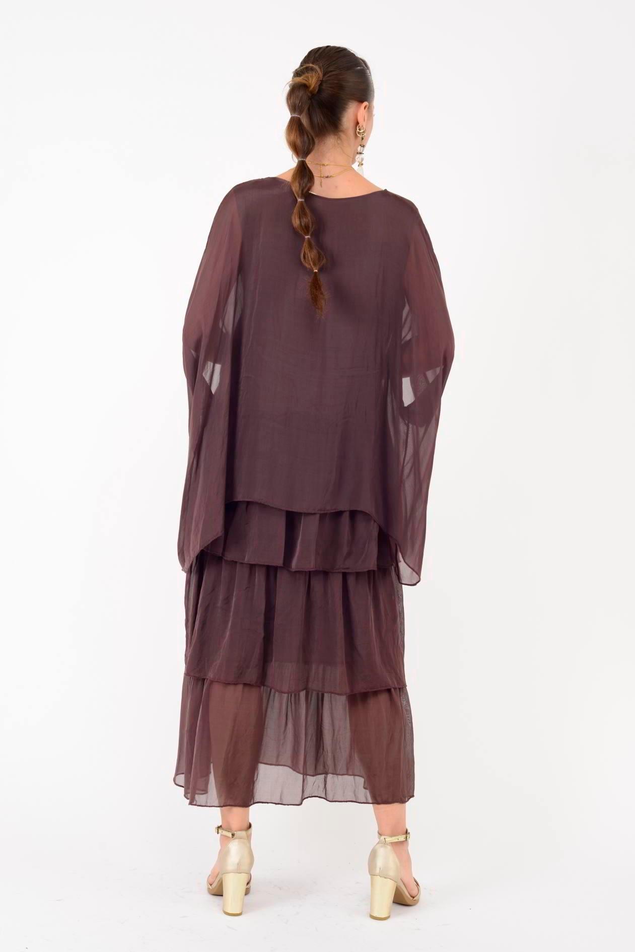 6105 Bluz Detay Kat Kat Uzun İpek Elbise