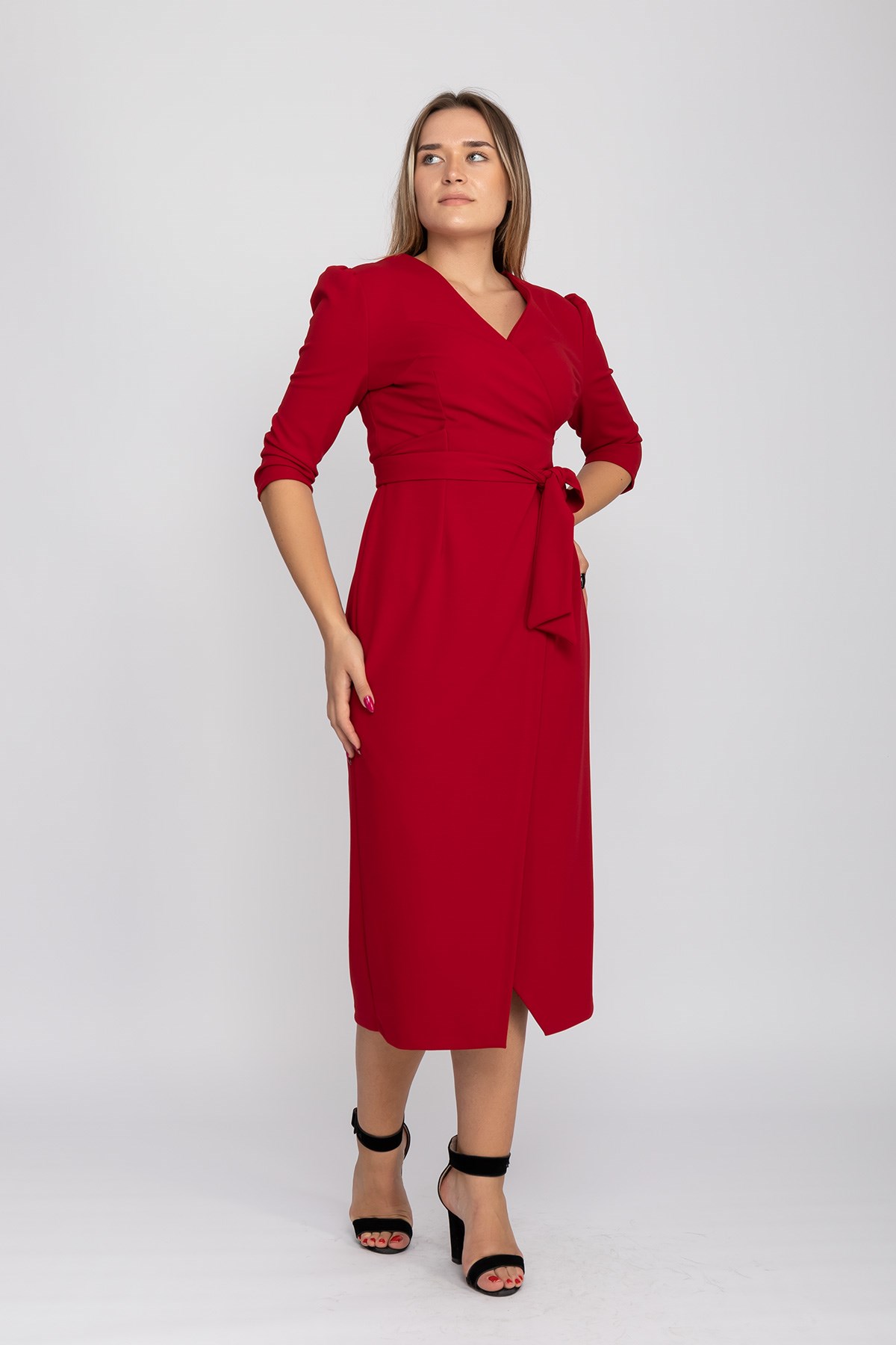 61246 Büyük Beden Kruvaze Yaka Bağlamalı Krep Elbise