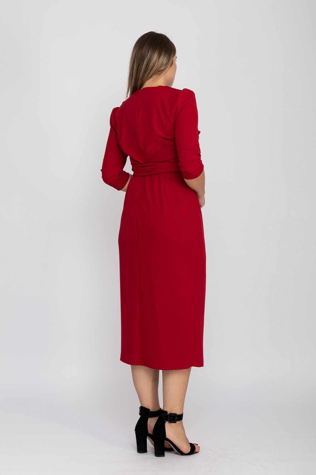 61246 Büyük Beden Kruvaze Yaka Bağlamalı Krep Elbise