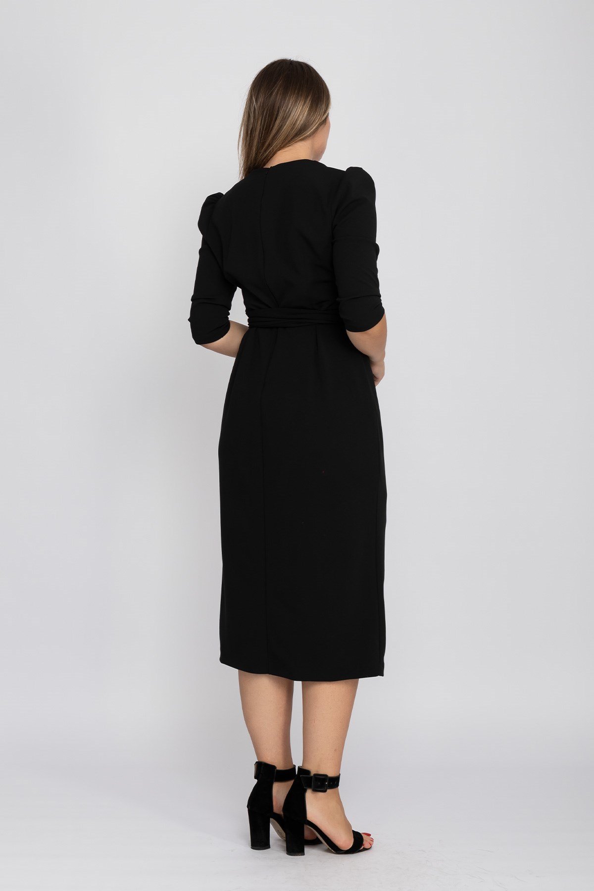 61246 Büyük Beden Kruvaze Yaka Bağlamalı Krep Elbise