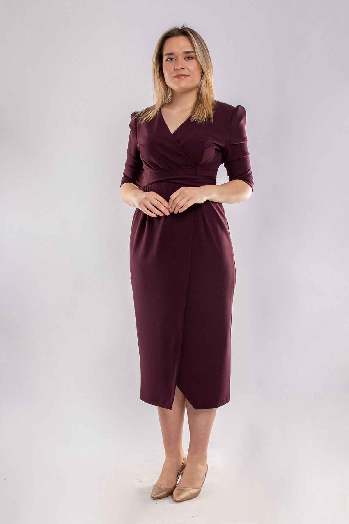 61246 Büyük Beden Kruvaze Yaka Bağlamalı Krep Elbise