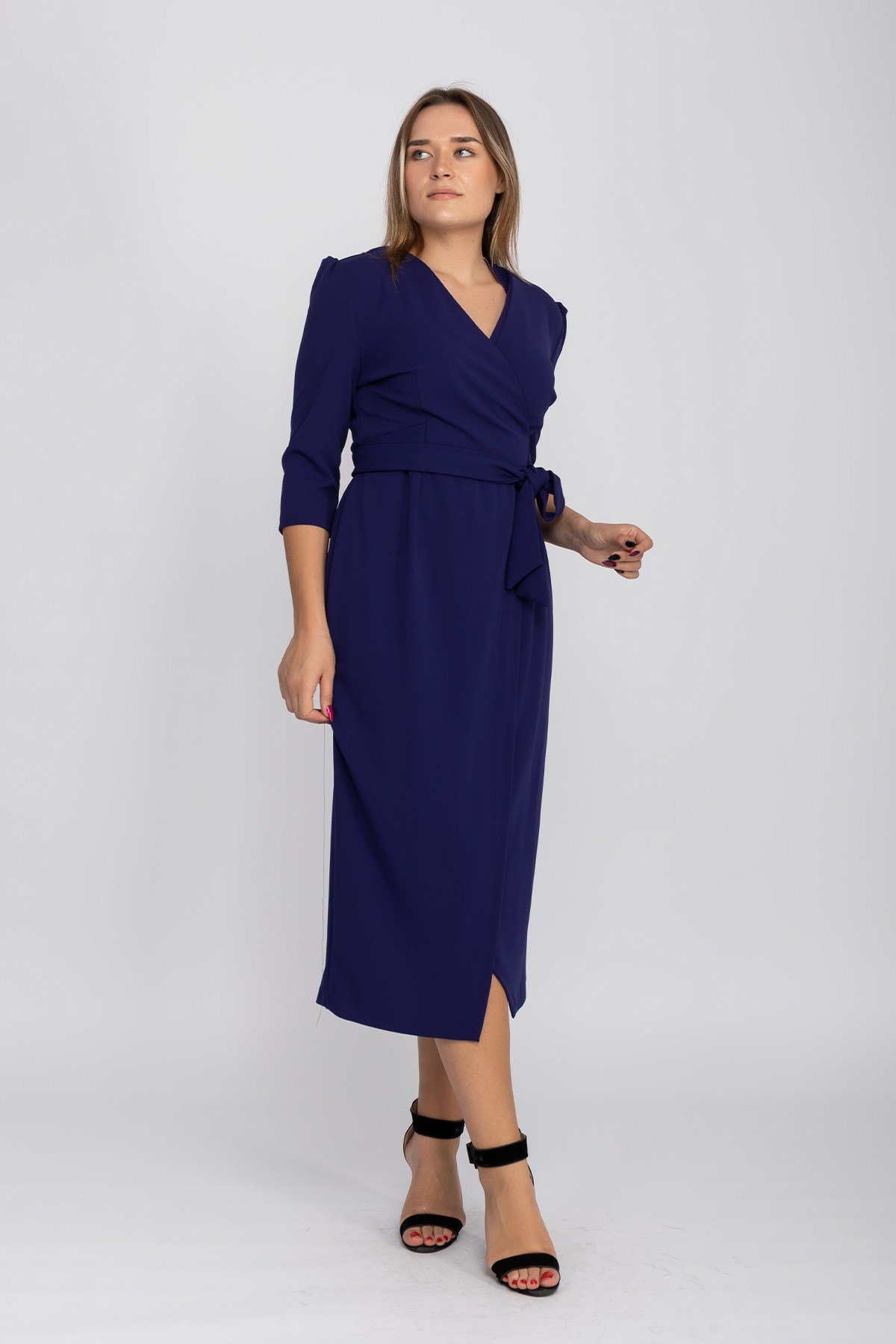 61246 Büyük Beden Kruvaze Yaka Bağlamalı Krep Elbise