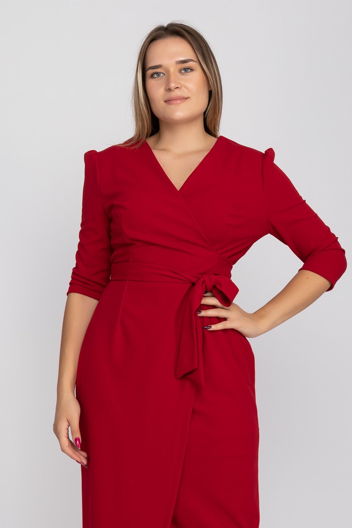 61246 Büyük Beden Kruvaze Yaka Bağlamalı Krep Elbise