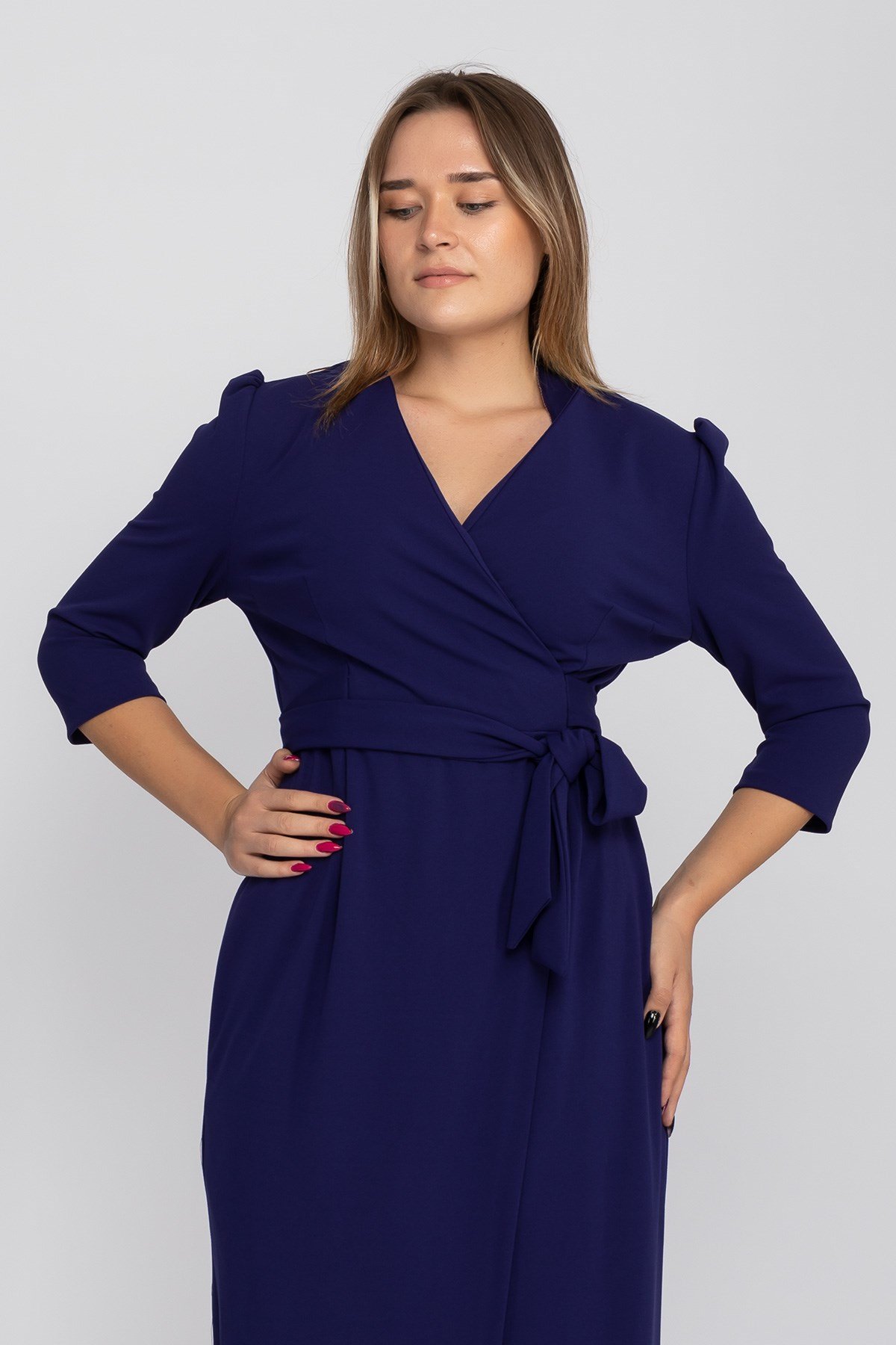 61246 Büyük Beden Kruvaze Yaka Bağlamalı Krep Elbise