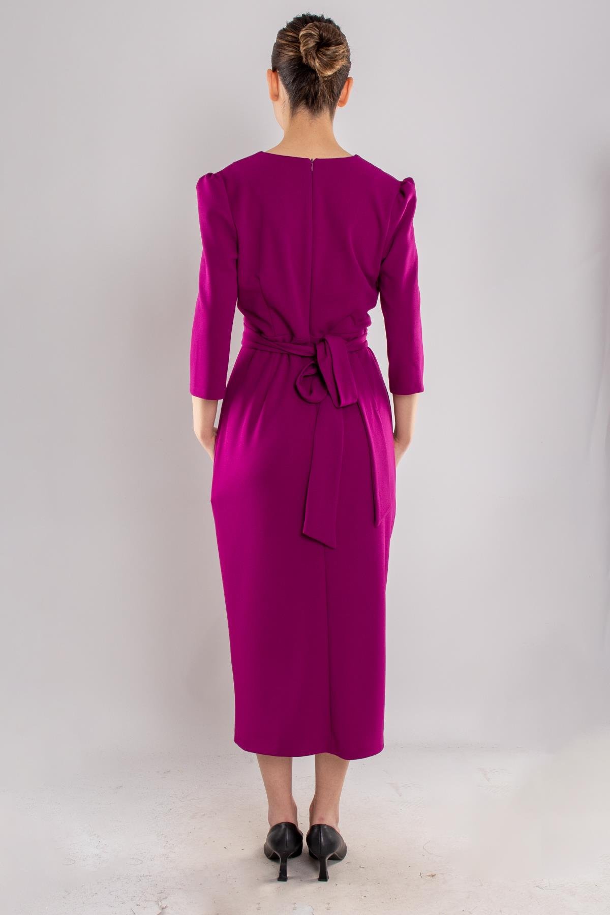 61246 Kruvaze Yaka Bağlamalı Krep Elbise