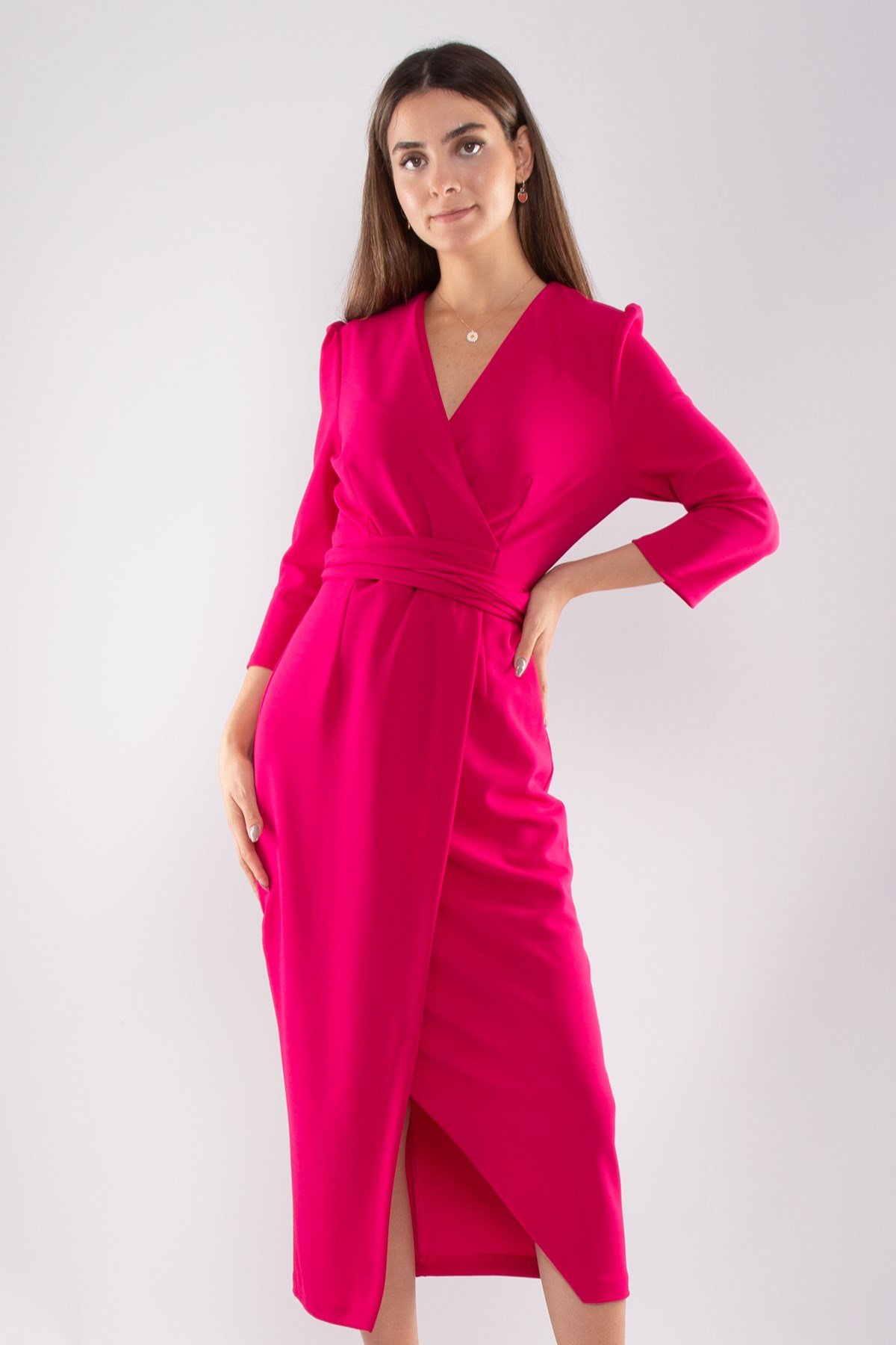 61246 Kruvaze Yaka Bağlamalı Krep Elbise