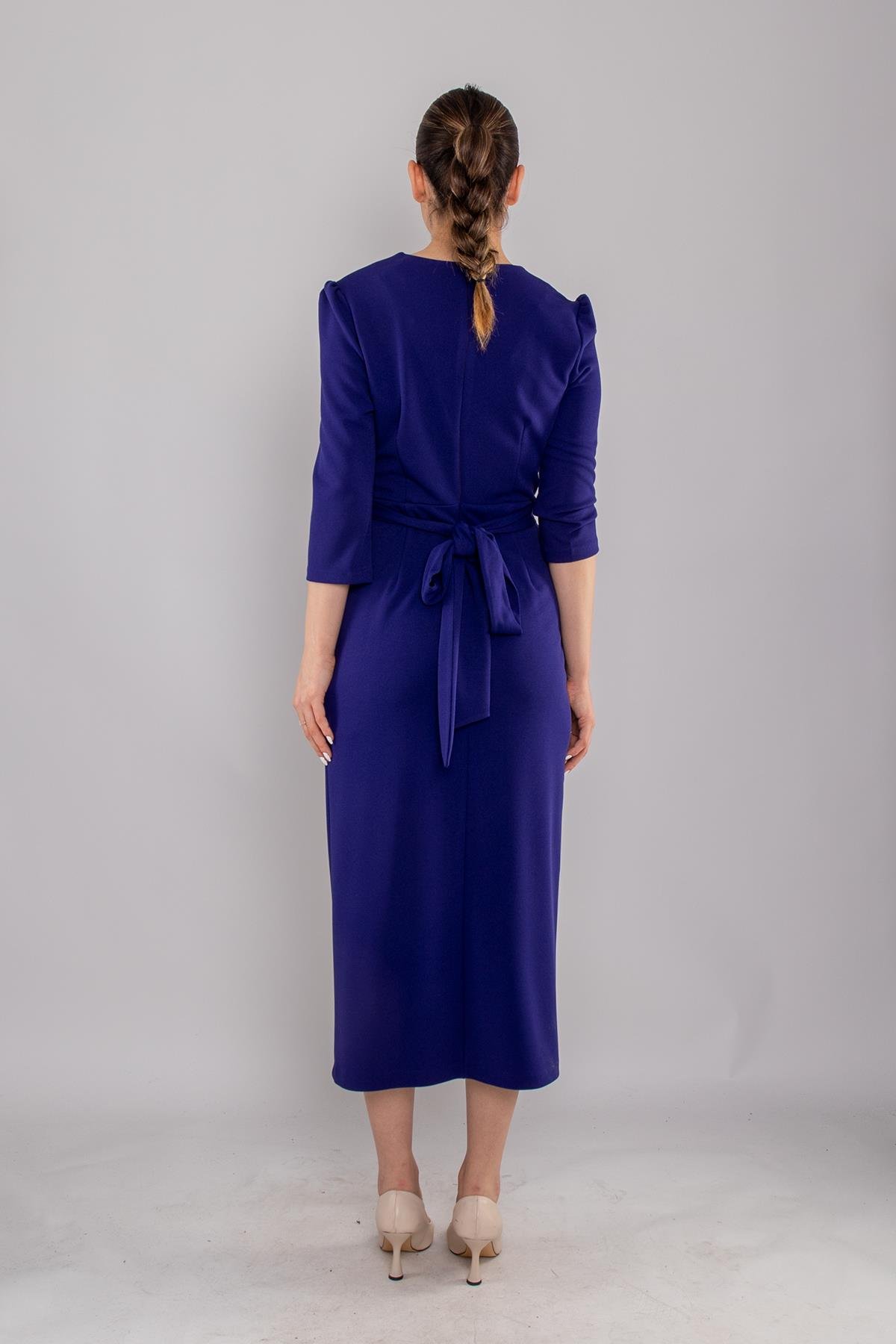 61246 Kruvaze Yaka Bağlamalı Krep Elbise