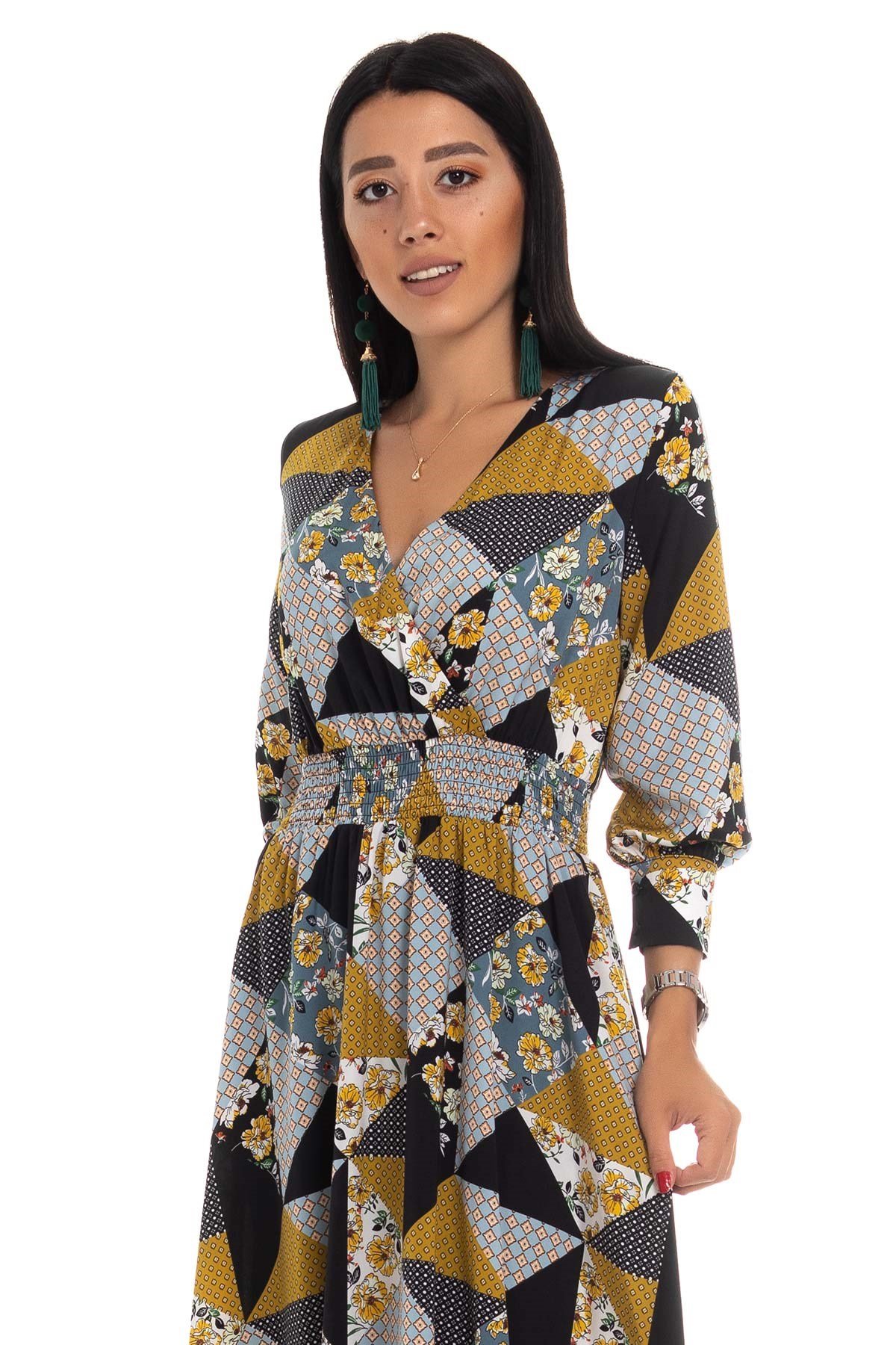 61270 Beli Lastikli Desenli Elbise