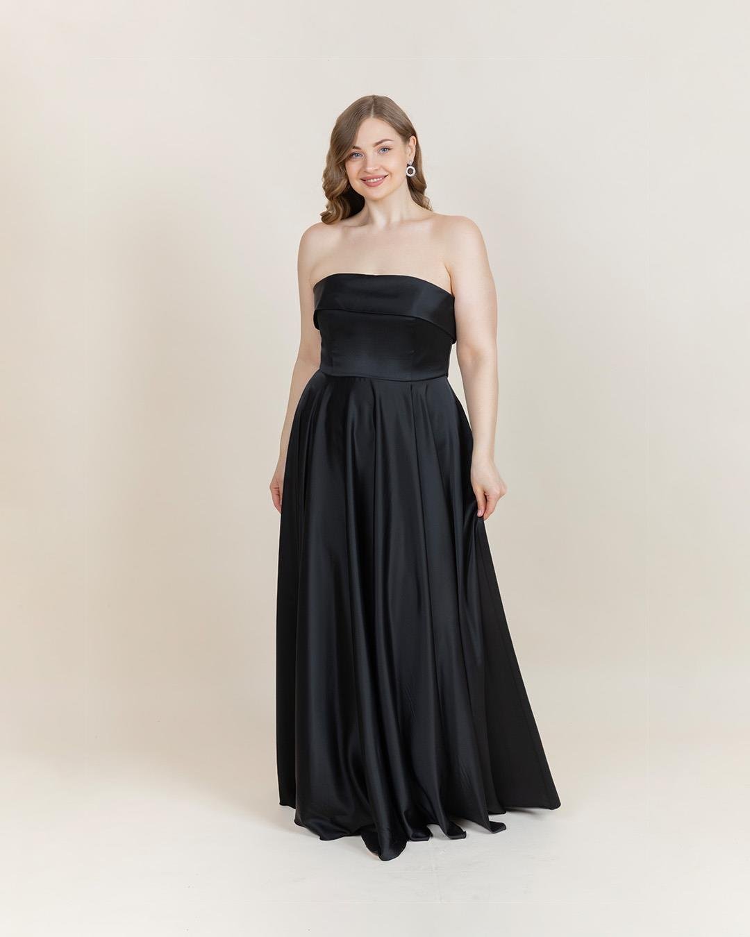 6135 Büyük Beden Straplez Saten Cepli Midiboy Elbise