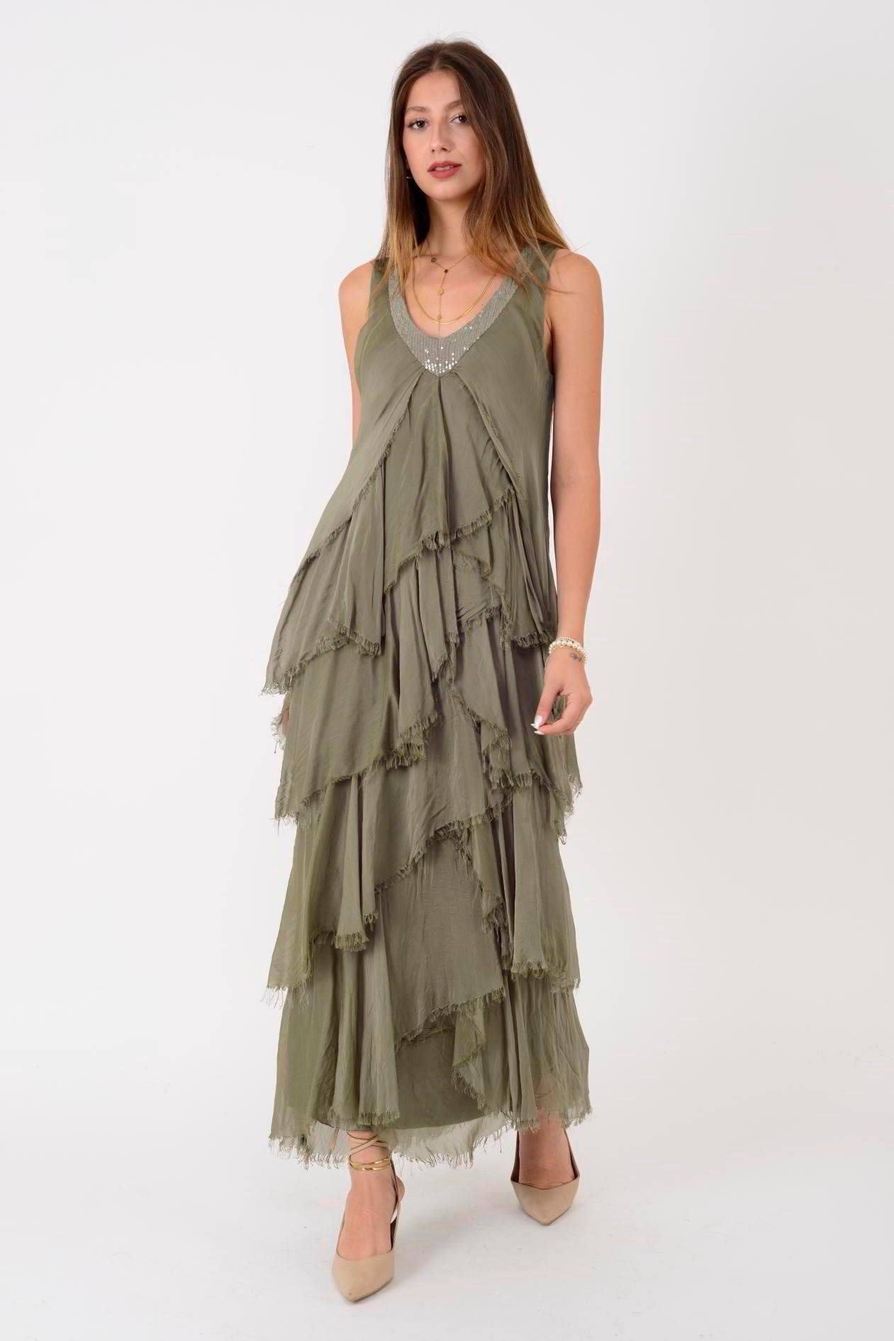 61460 Çapraz Kesim Vyaka Katkat İpek Elbise