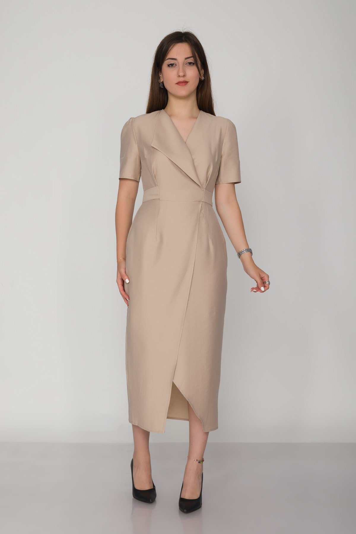 61621 Kruvaze Yaka Kuşaklı Yırtmaçlı Tencel Keten Kısa Kol Elbise