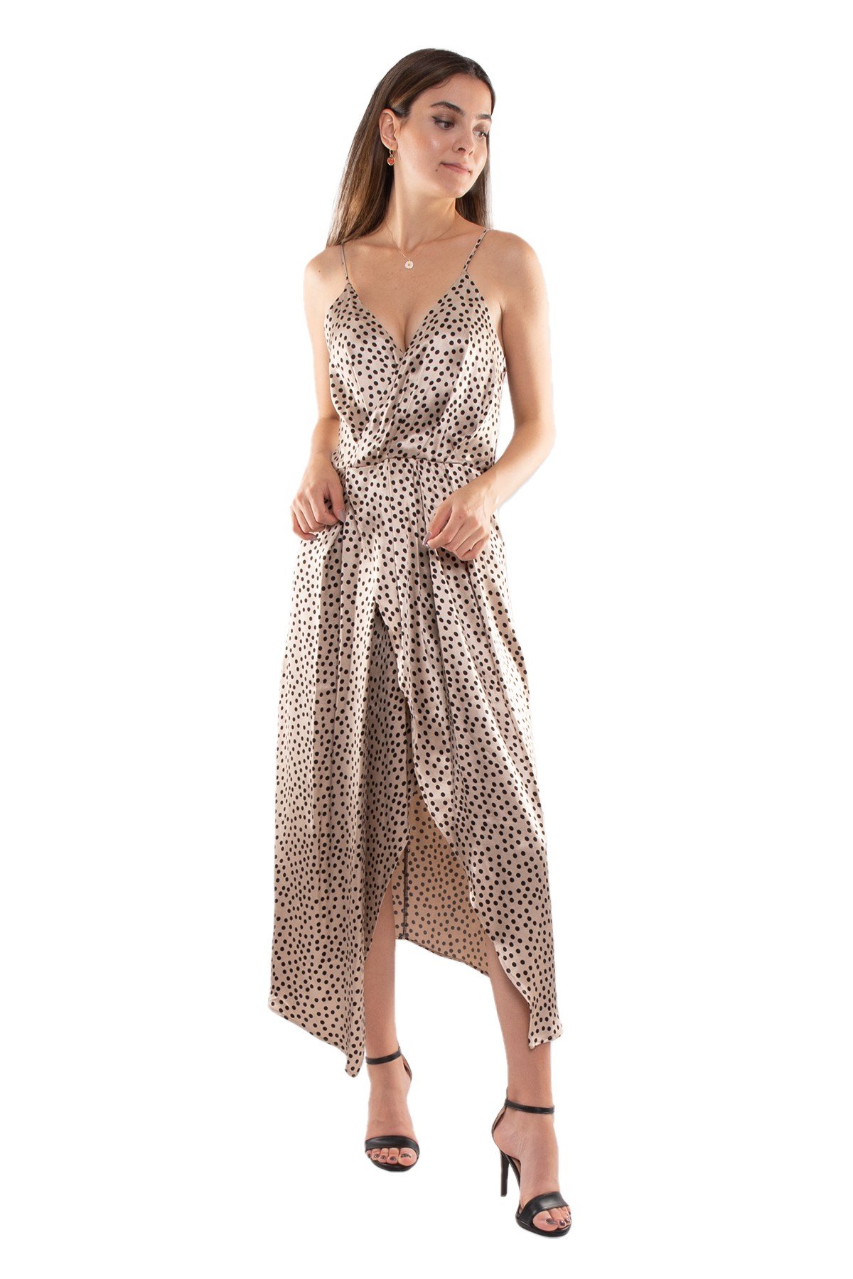 61637 İp Askı Puanlı Kruvaze Yaka Eteği Yırtmaçlı Saten Elbise