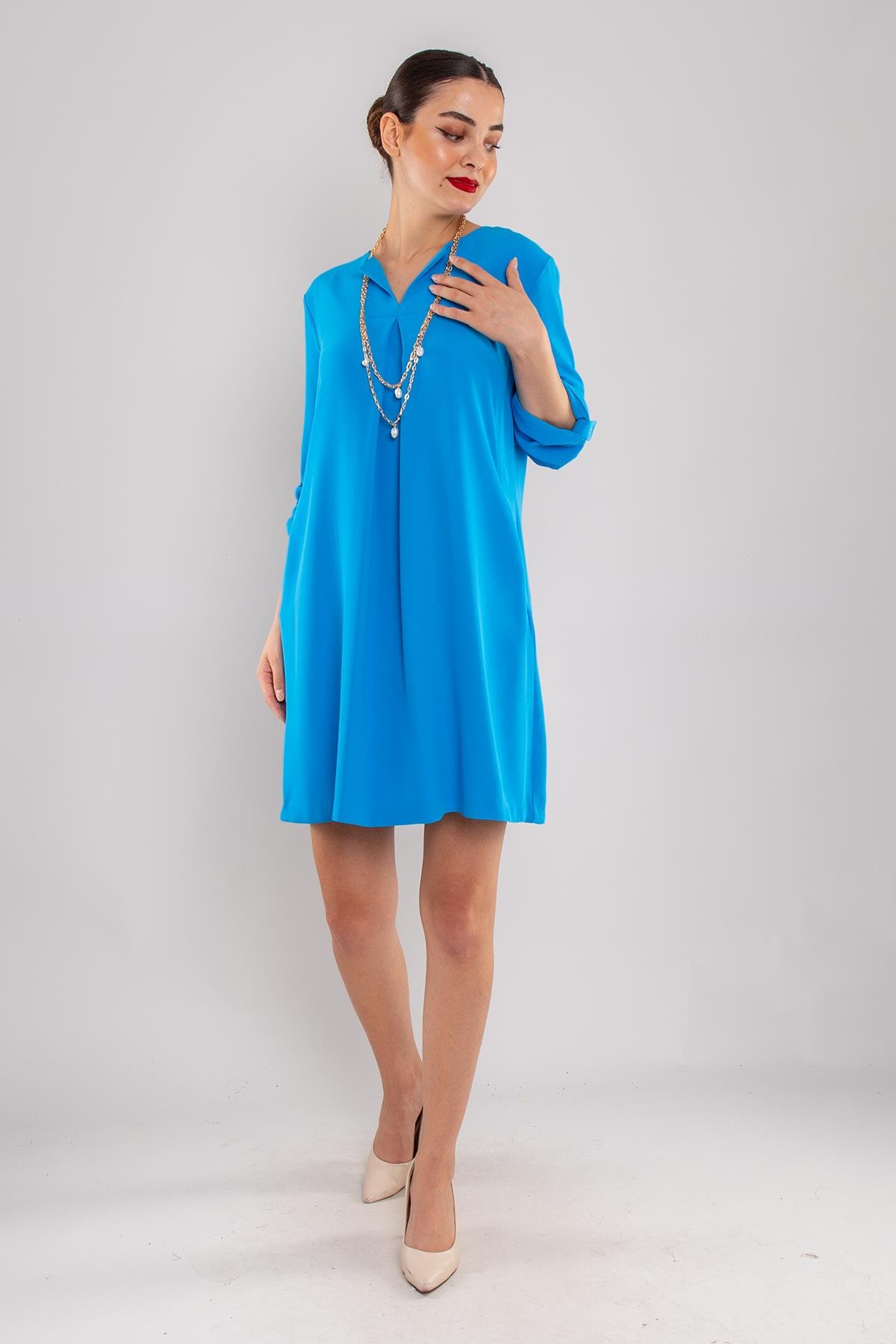 61842 Sırt Düğmeli Kolyeli Truvakar Kol Tunik Elbise