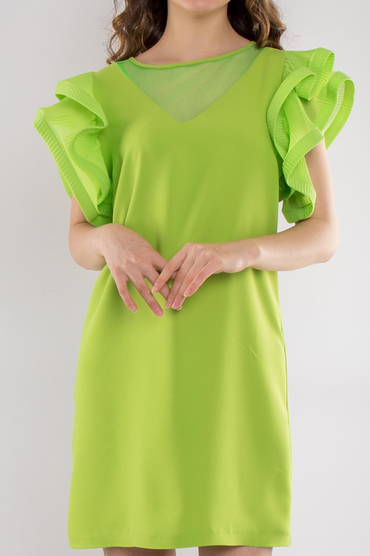 61850 V Yaka Tül Kol Fırfırlı Kısa Krep Elbise