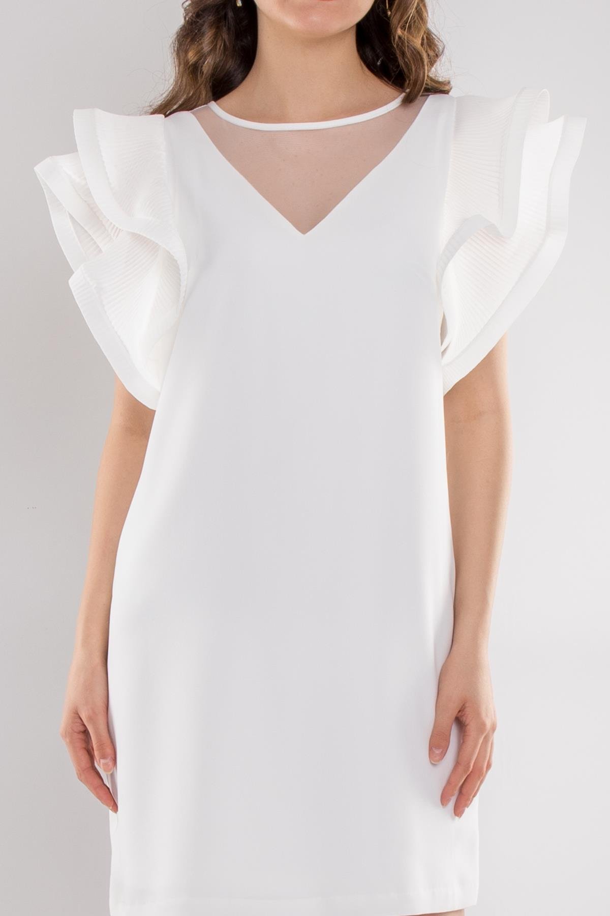 61850 V Yaka Tül Kol Fırfırlı Kısa Krep Elbise