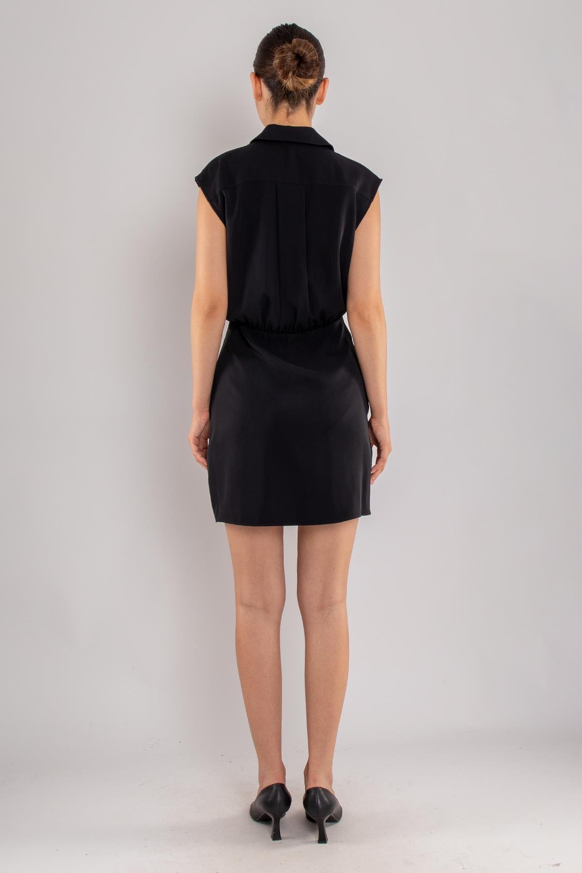 61874 Yakalı Düğme Detay Pileli Kısa Garnili Krep Elbise