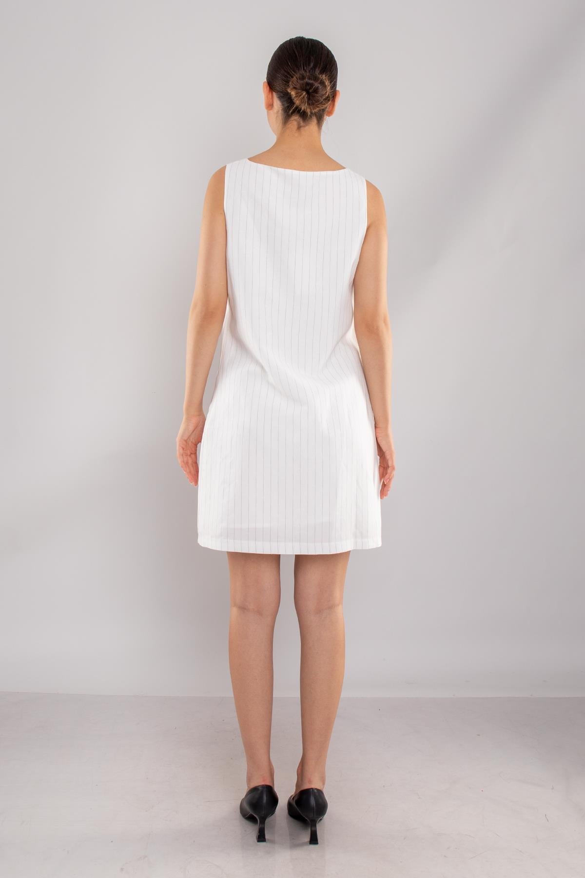 61877 İnce Çizgili Keten Kalın Askılı Astarlı Kısa Elbise