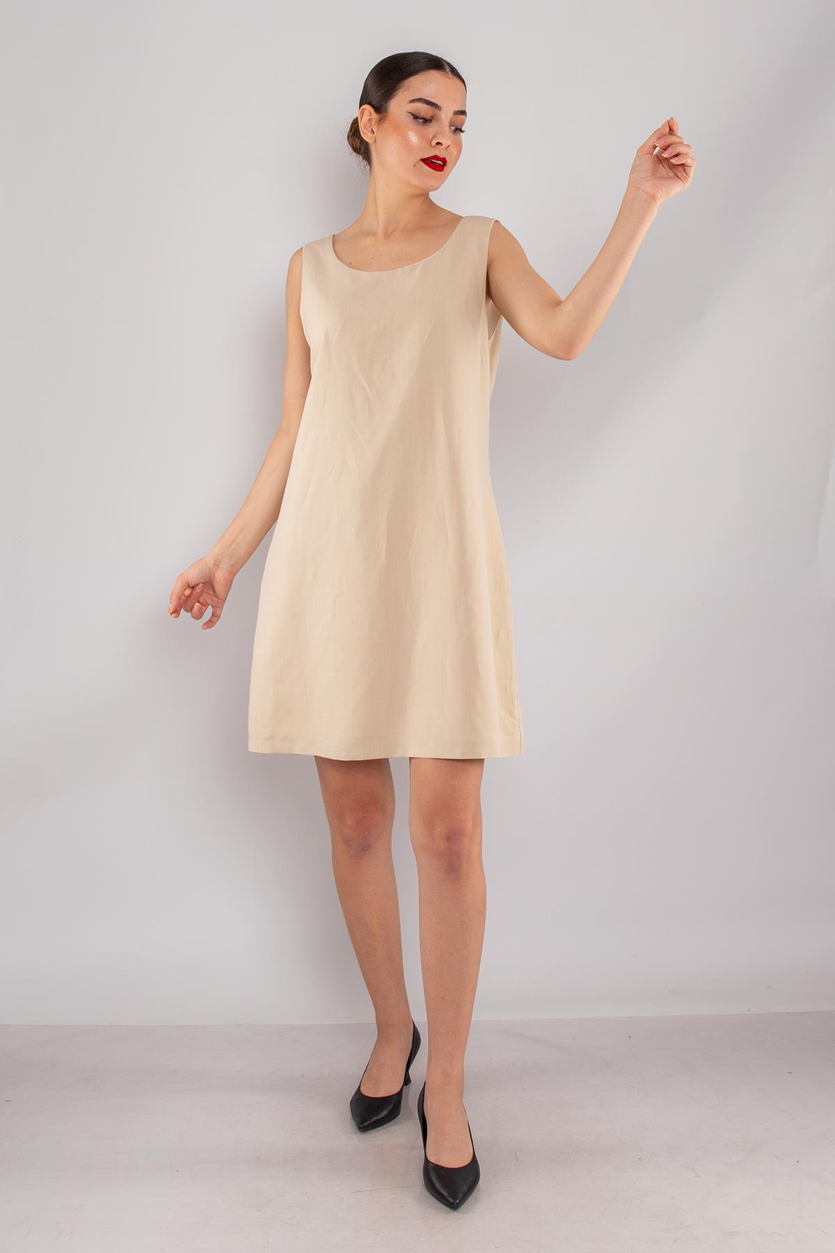 61877 İnce Çizgili Keten Kalın Askılı Astarlı Kısa Elbise