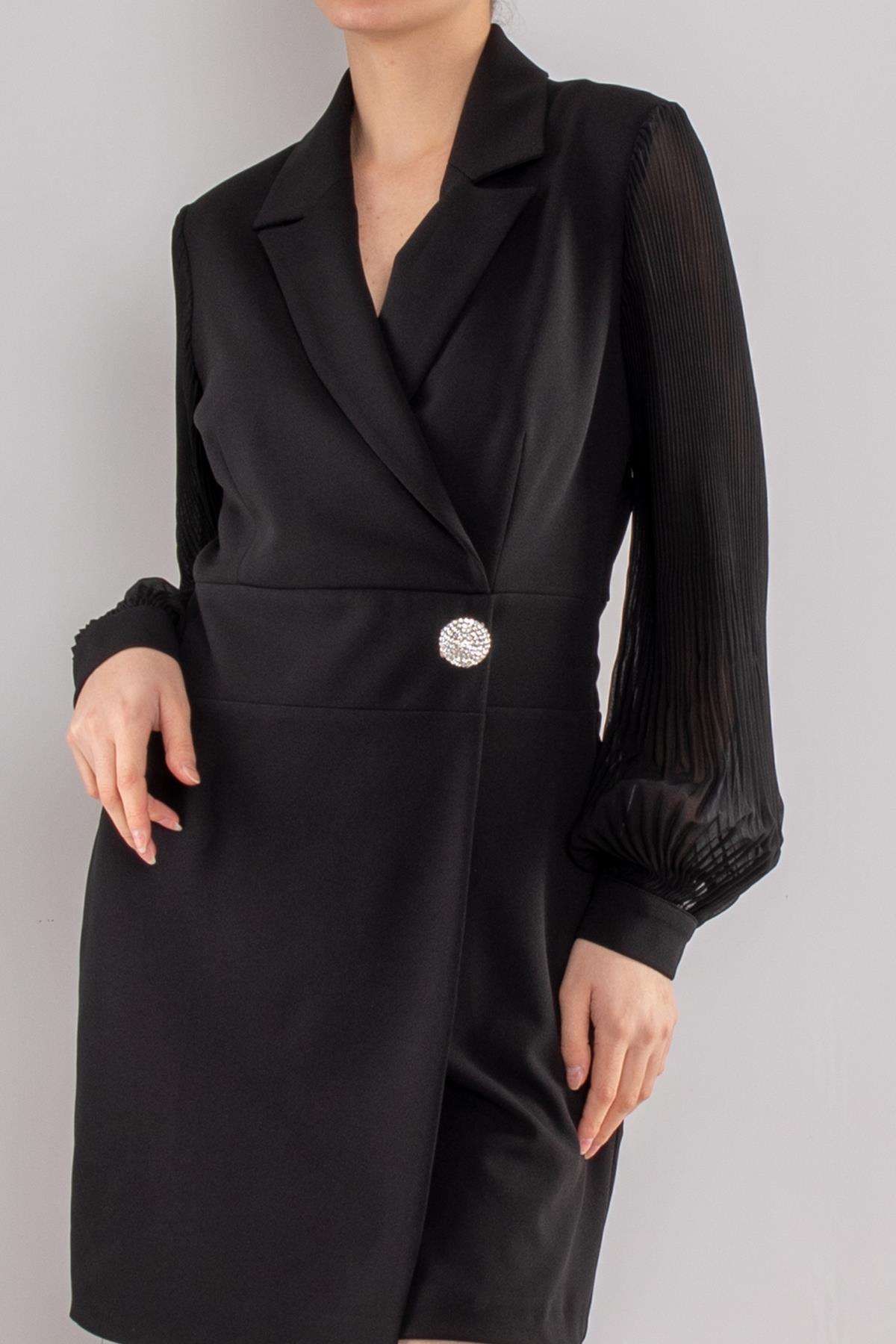 61891 Pilise Kol Kruvaze Yaka Broş Detay Kapaklı Kısa Krep Elbise