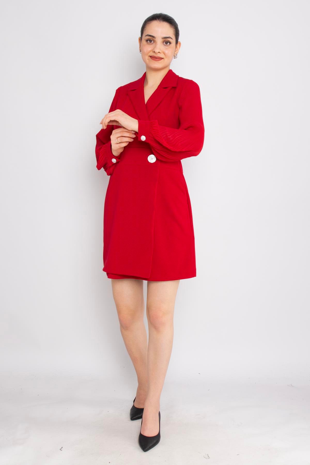 61891 Pilise Kol Kruvaze Yaka Broş Detay Kapaklı Kısa Krep Elbise